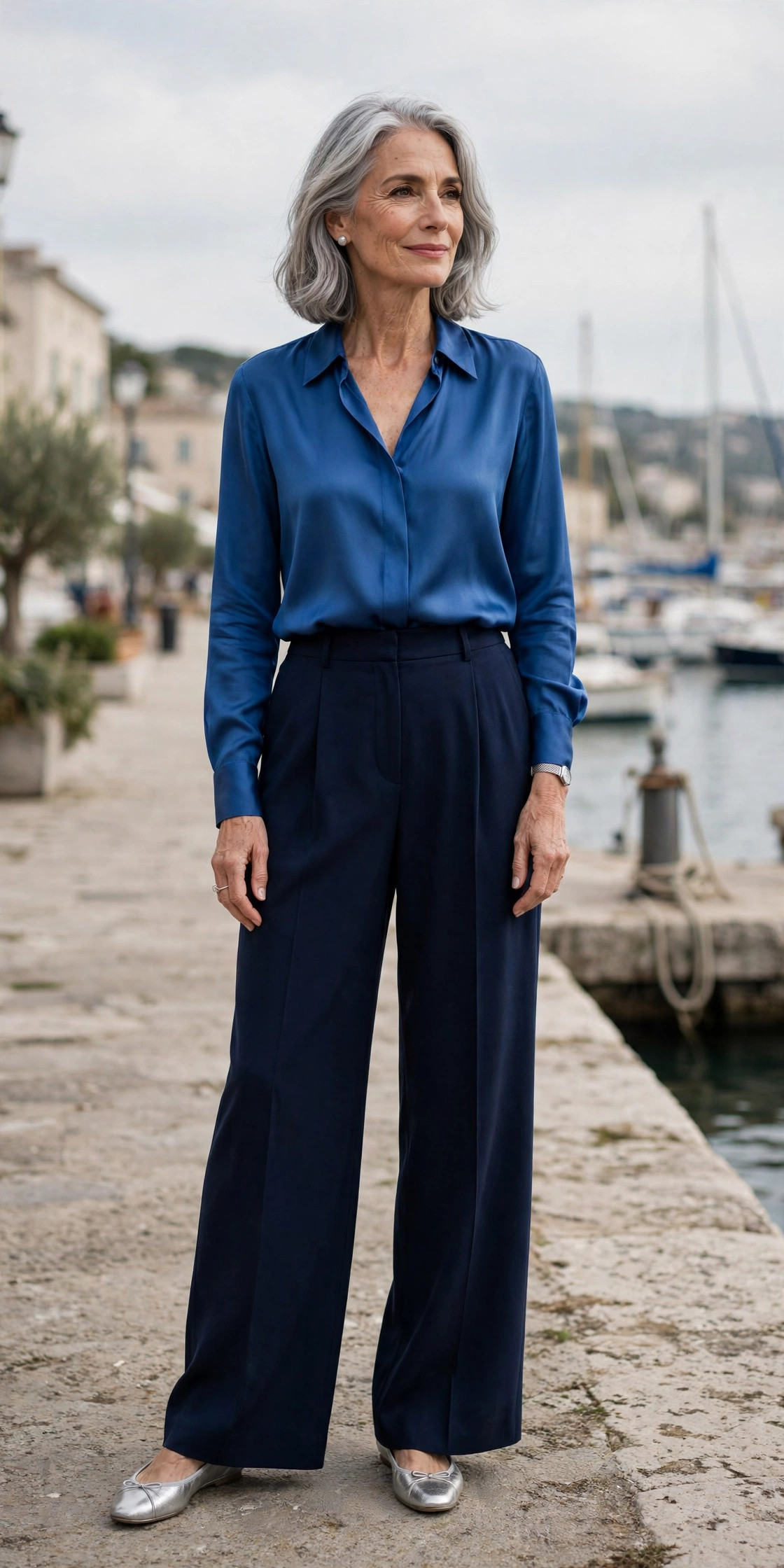 Woman in her 60s in a cobalt silk blouse with navy wide-leg trousers on a waterfront