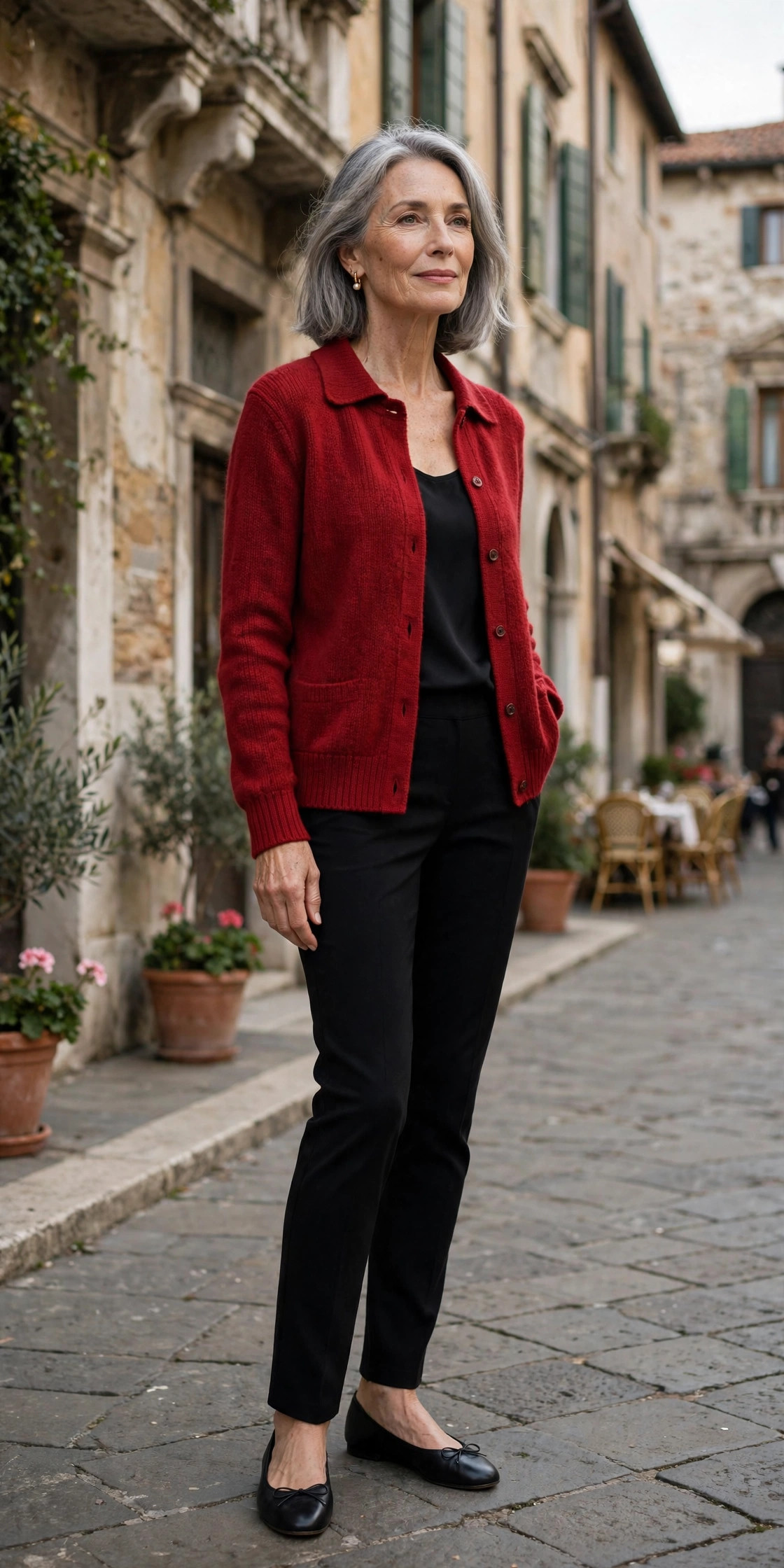 Woman in her 60s in a cherry-red cardigan with black pants in an Italian piazza
