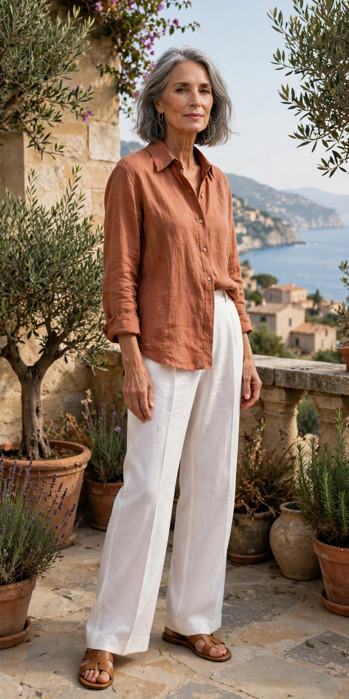 Woman in her 60s wearing a terracotta linen shirt with white trousers on a terrace
