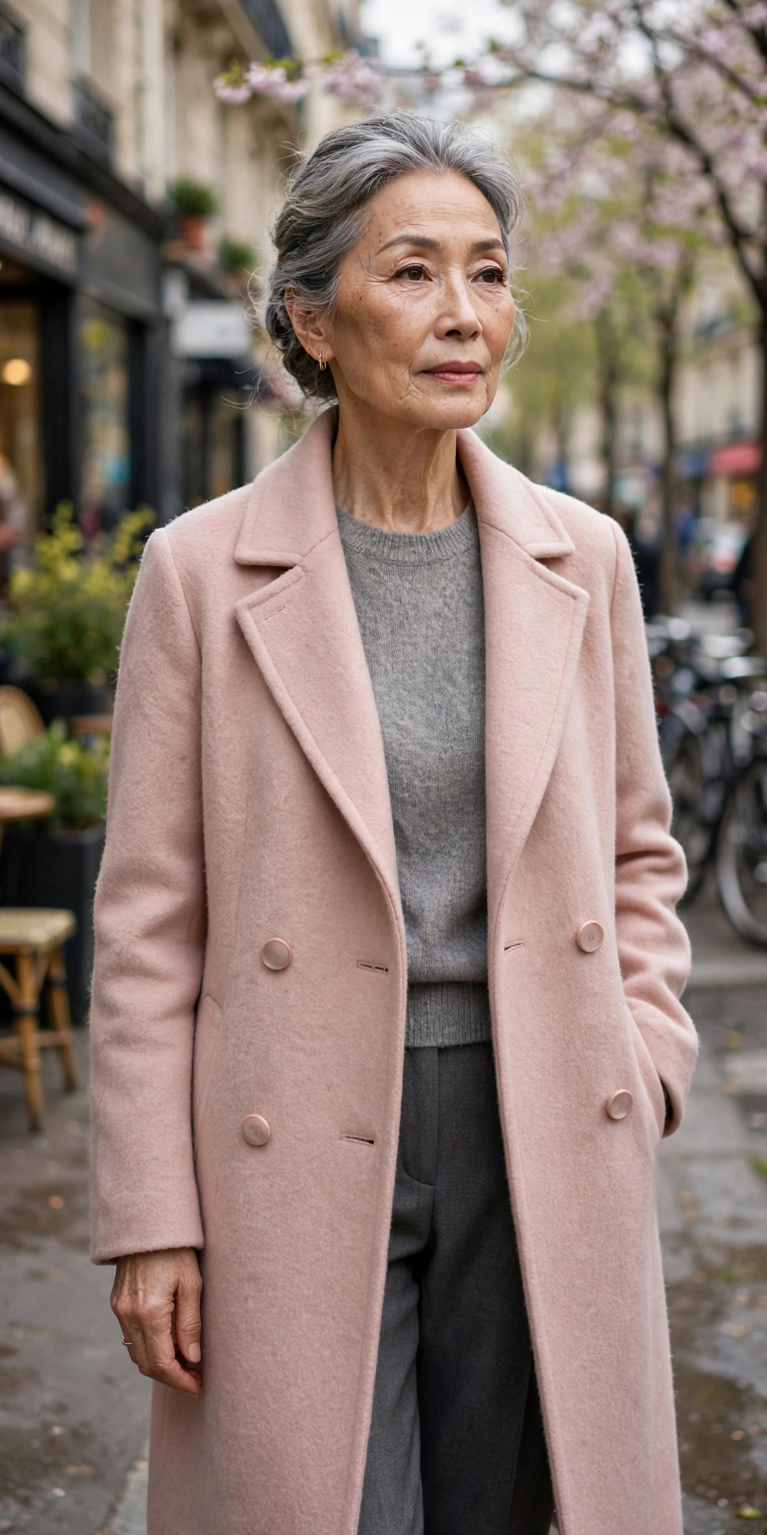 Woman in her 60s in a blush pink wool coat over gray layers on a city street