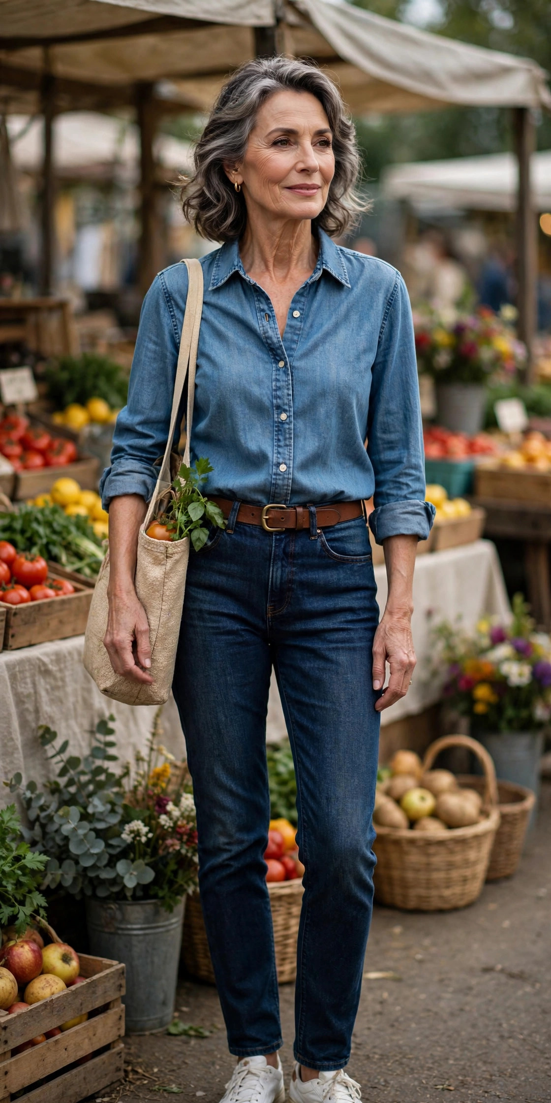 Woman in her 60s in denim-on-denim with a chambray shirt and dark jeans at a market