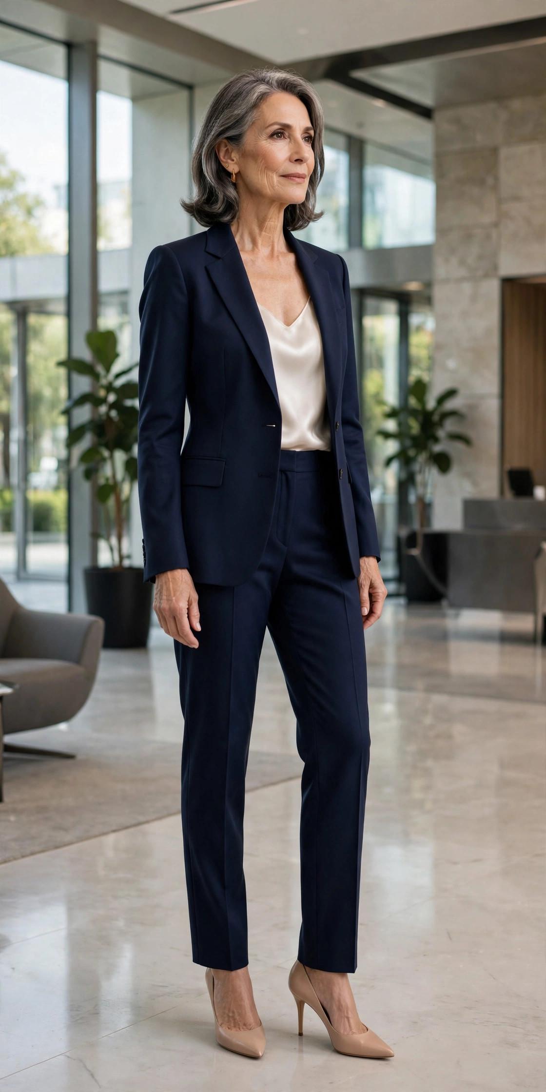 Woman in her 60s wearing a navy tailored pantsuit with an ivory camisole