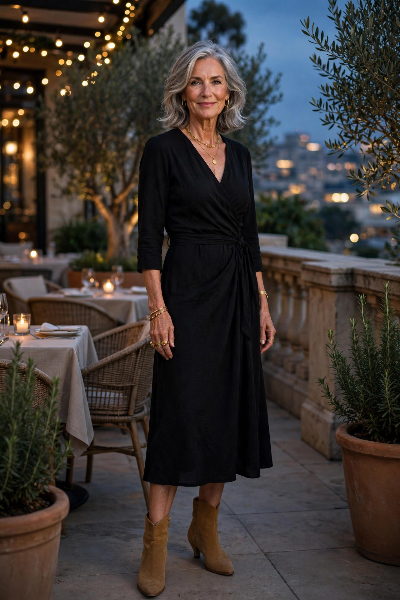 Woman in her 60s in a black wrap midi dress with tan ankle boots at dusk