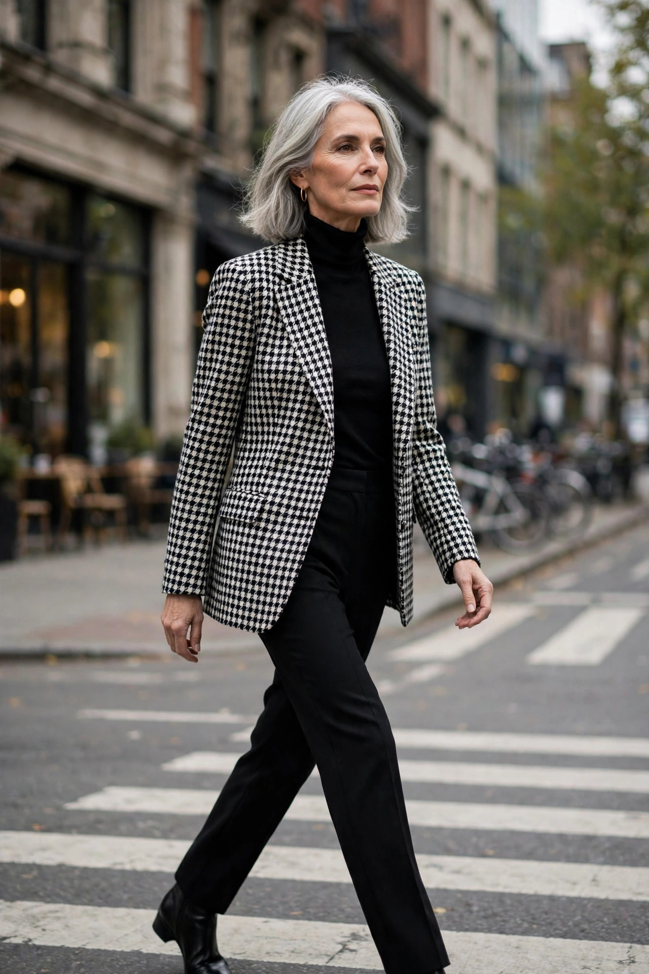 Woman in her 60s in a houndstooth blazer with black turtleneck crossing a street