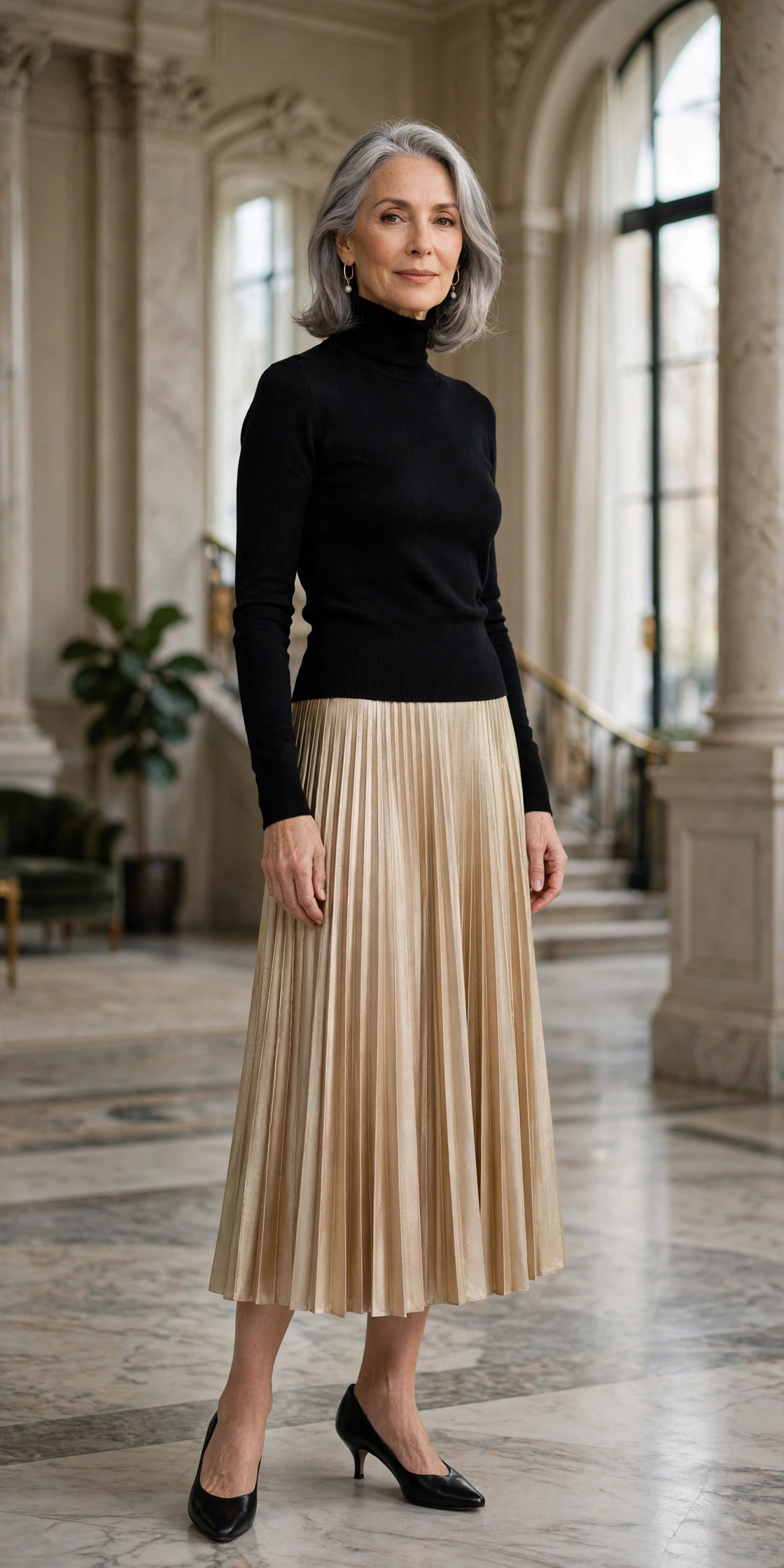 Woman in her 60s wearing a champagne pleated midi skirt with a black turtleneck