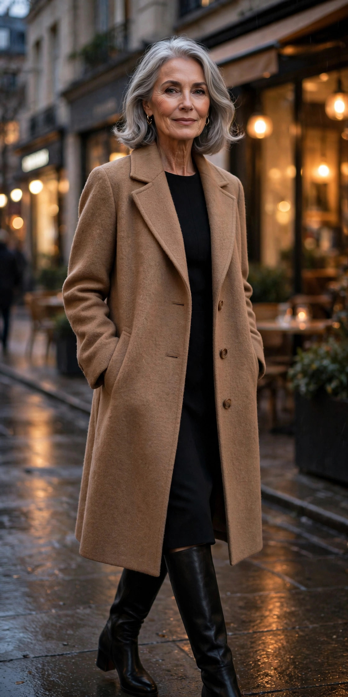 Woman in her 60s in a camel coat over a black sheath dress with knee-high boots
