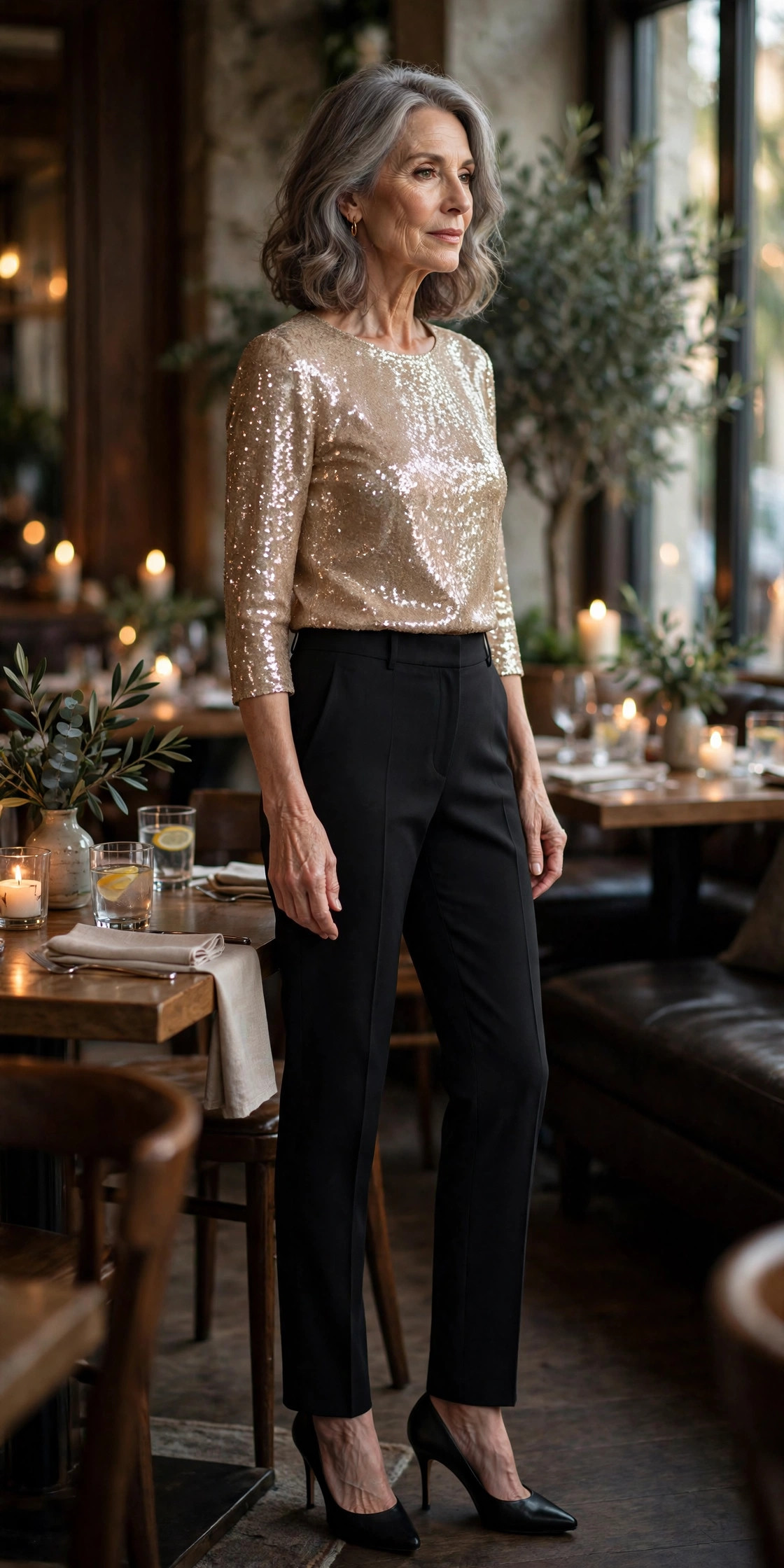 Woman in her 60s wearing a champagne sequin top with black trousers in a restaurant