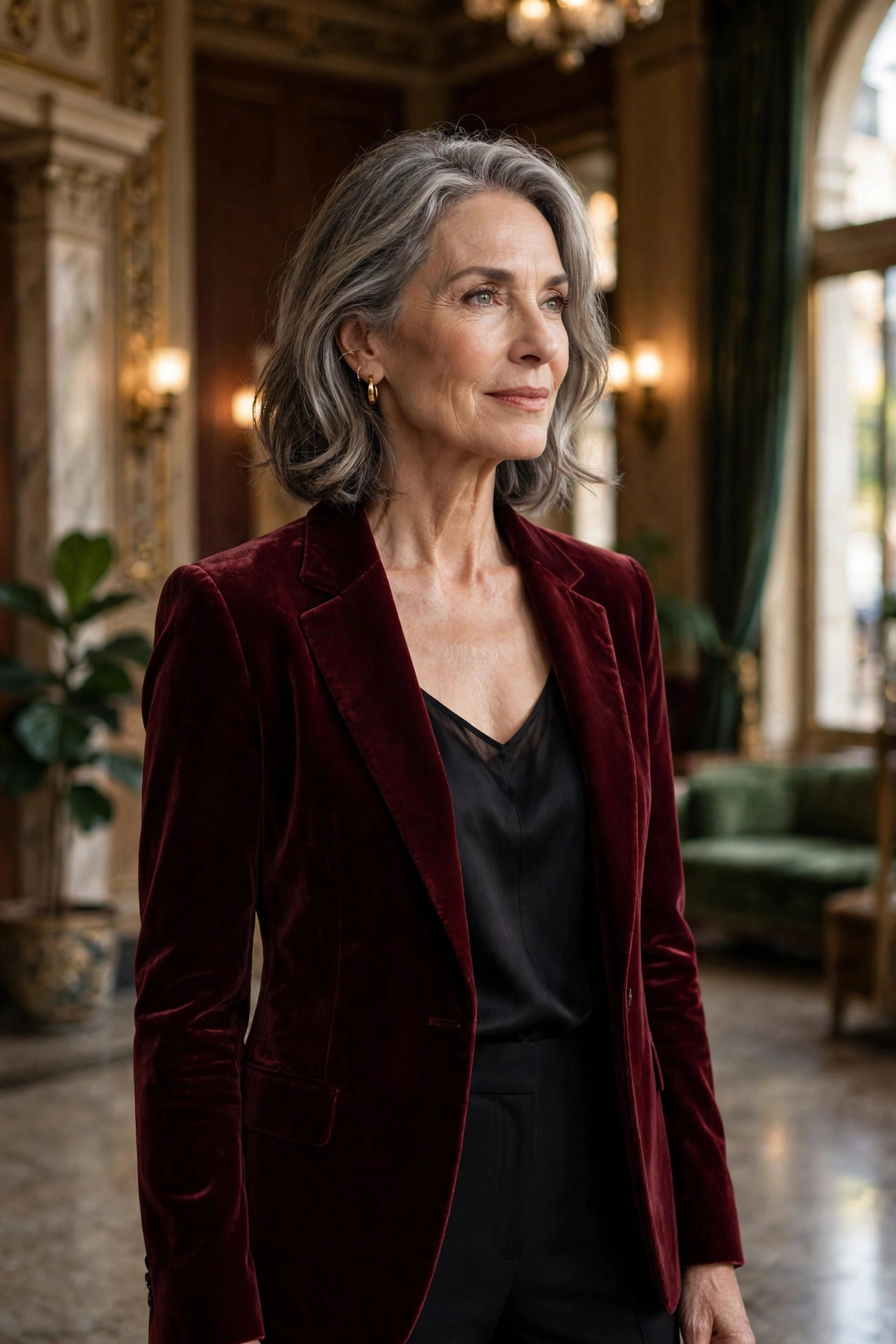 Woman in her 60s in a burgundy velvet blazer with a black silk camisole