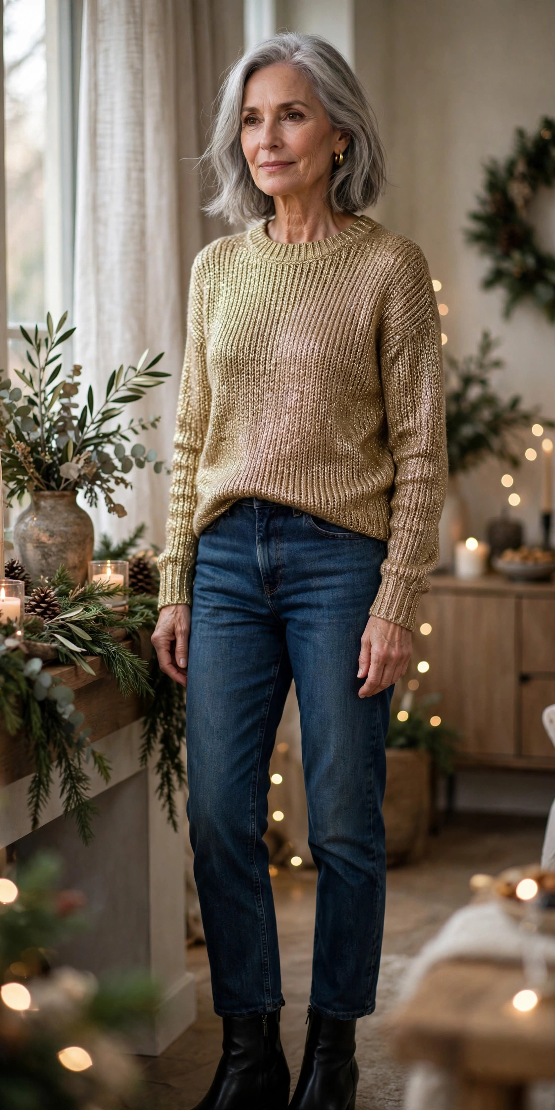Woman in her 60s wearing a gold metallic knit sweater with dark-wash jeans