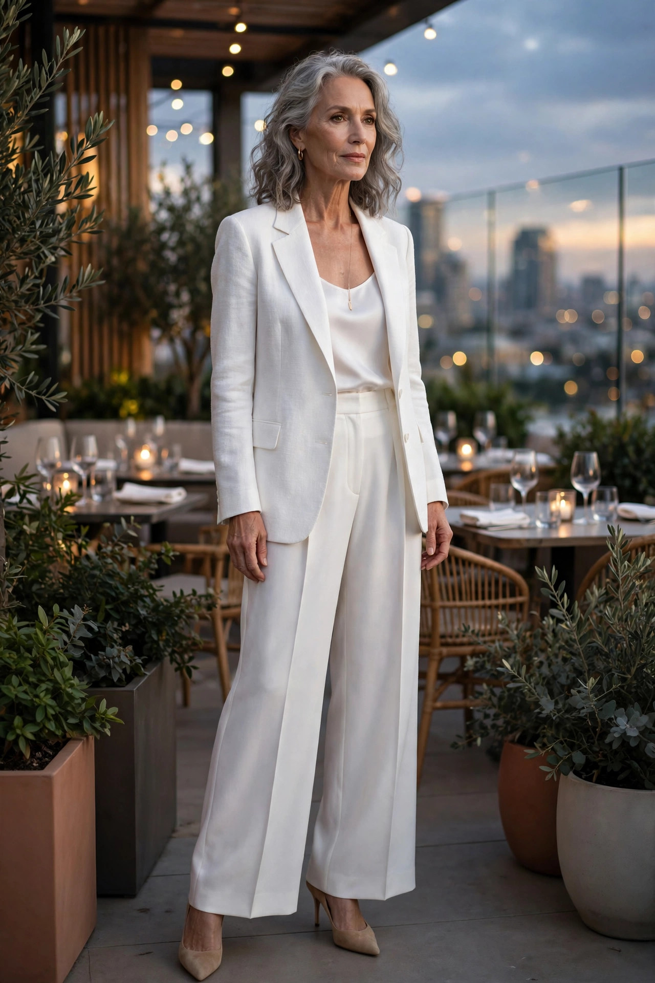Woman in her 60s in an all-white outfit with a white blazer at a rooftop restaurant