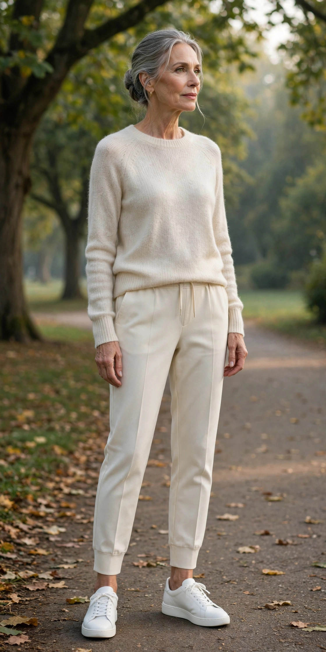 Woman in her 60s in a cream sweater with tailored joggers and white sneakers
