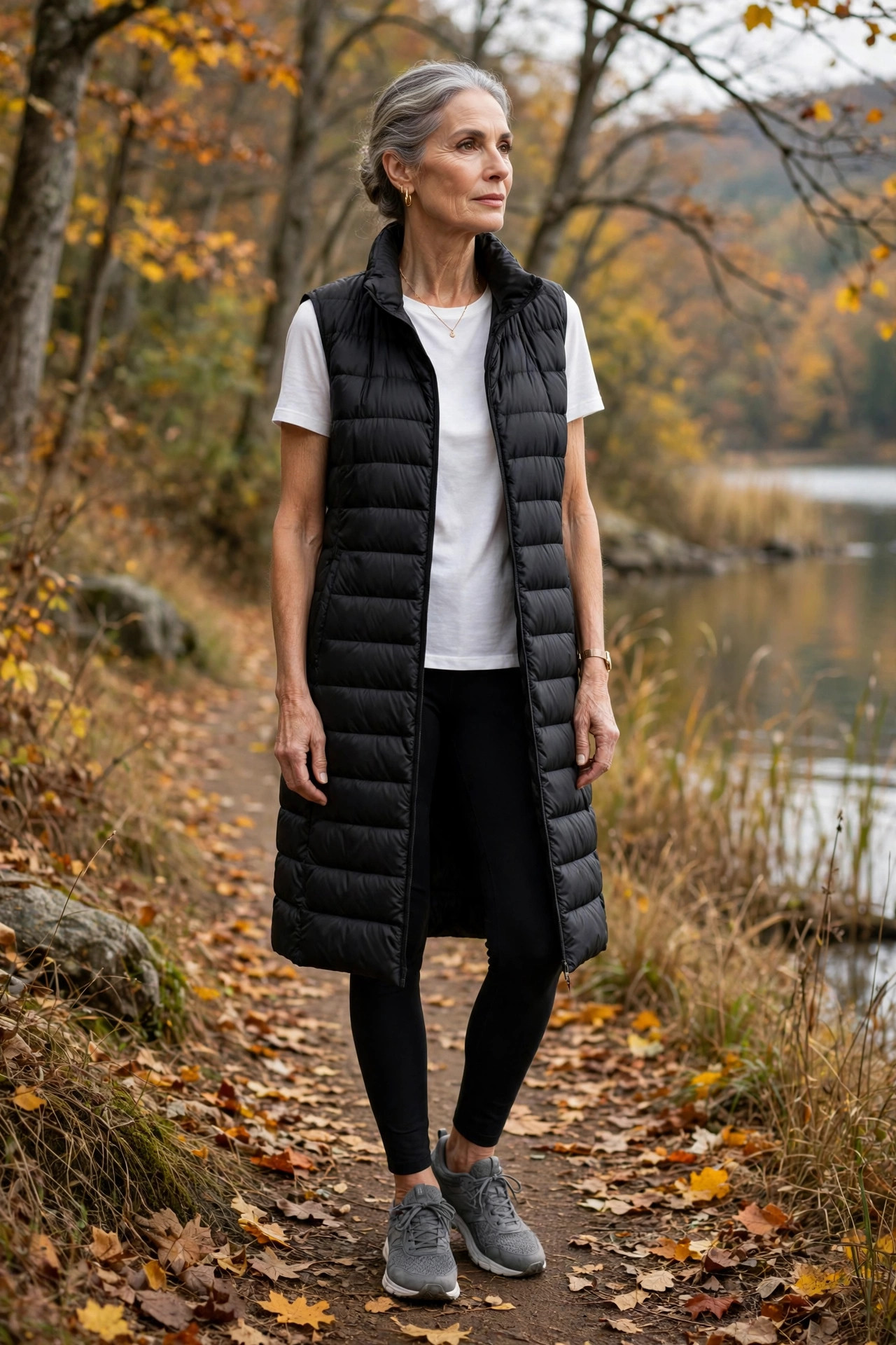 Woman in her 60s wearing a black puffer vest with leggings on a lakeside trail