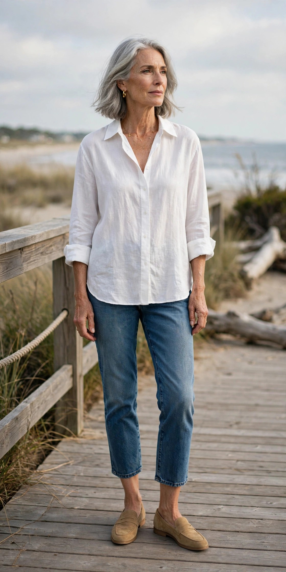 Woman in her 60s in a white oversized shirt with cropped jeans on a boardwalk