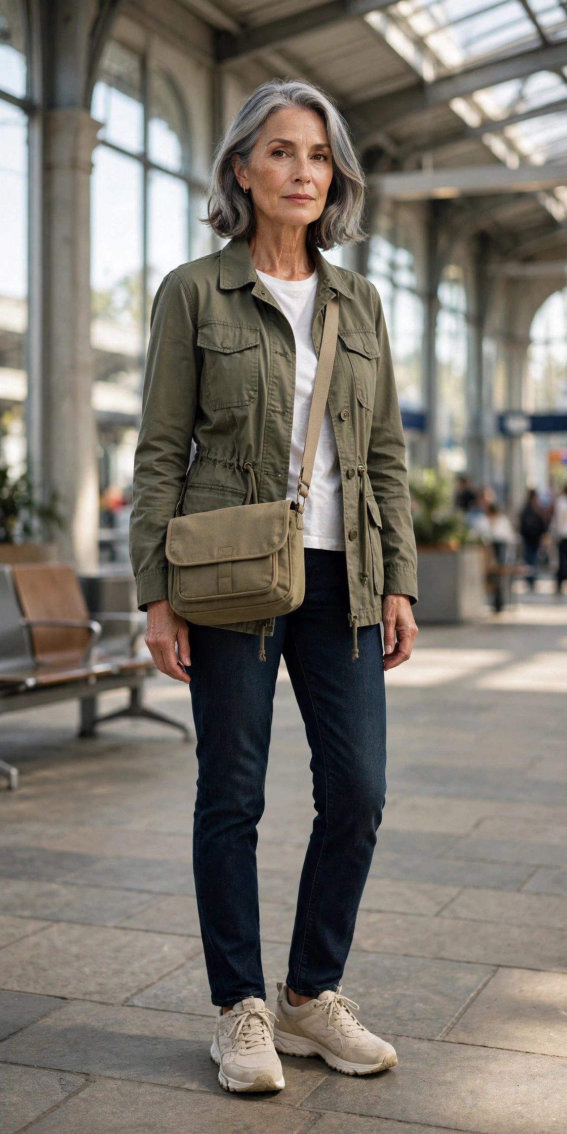 Woman in her 60s wearing an olive utility jacket with dark jeans at a train station