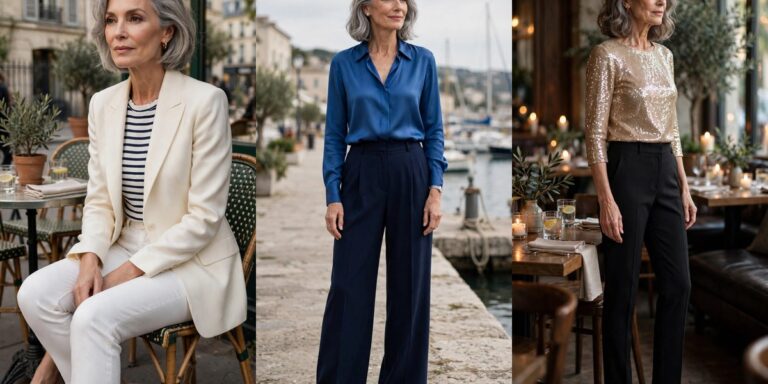 Outfits for women over 60 collage: ivory blazer, cobalt blouse, and sequin top looks