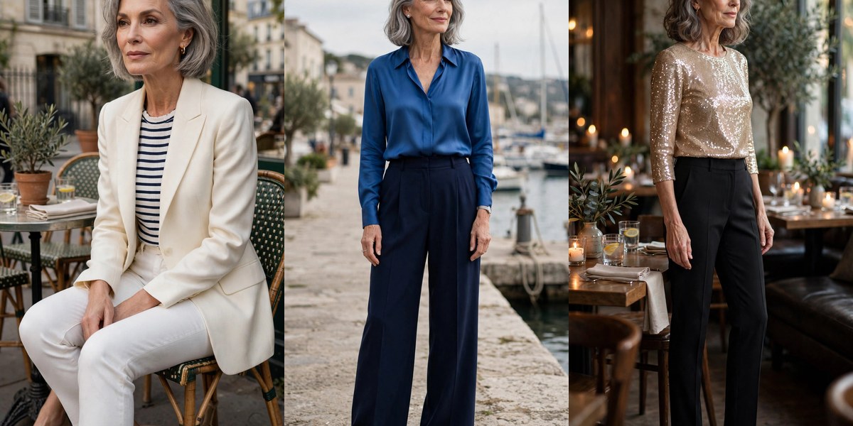 Outfits for women over 60 collage: ivory blazer, cobalt blouse, and sequin top looks