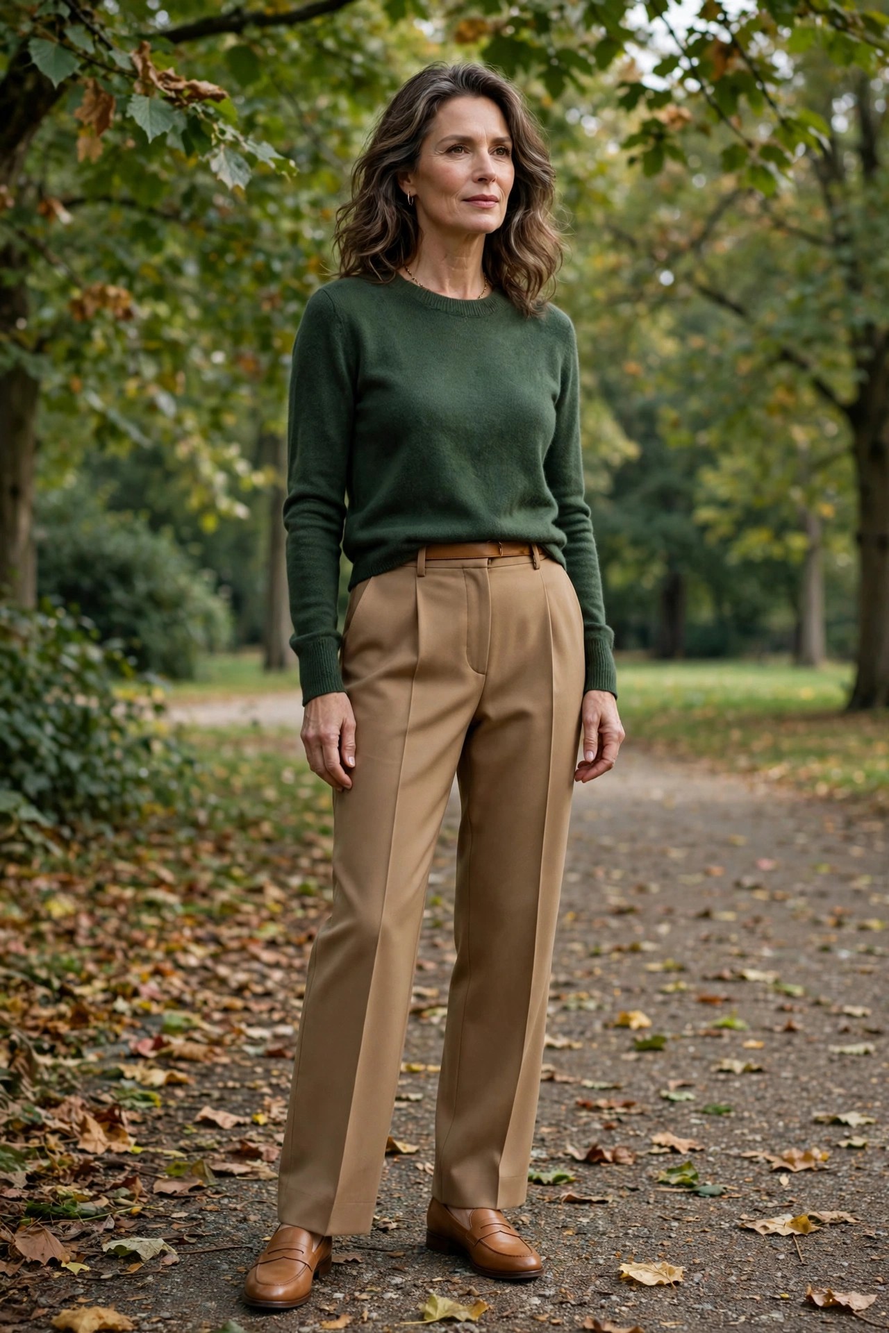 Woman over 50 in a forest green cashmere sweater with camel tailored trousers in a park