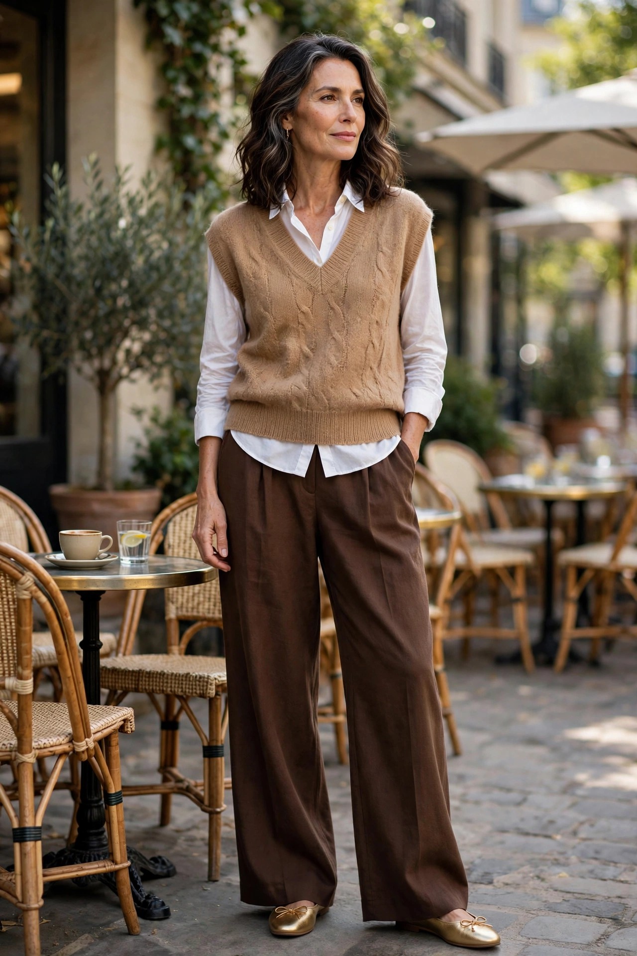 Woman over 50 layering a camel knit vest over a white shirt with chocolate wide-leg trousers