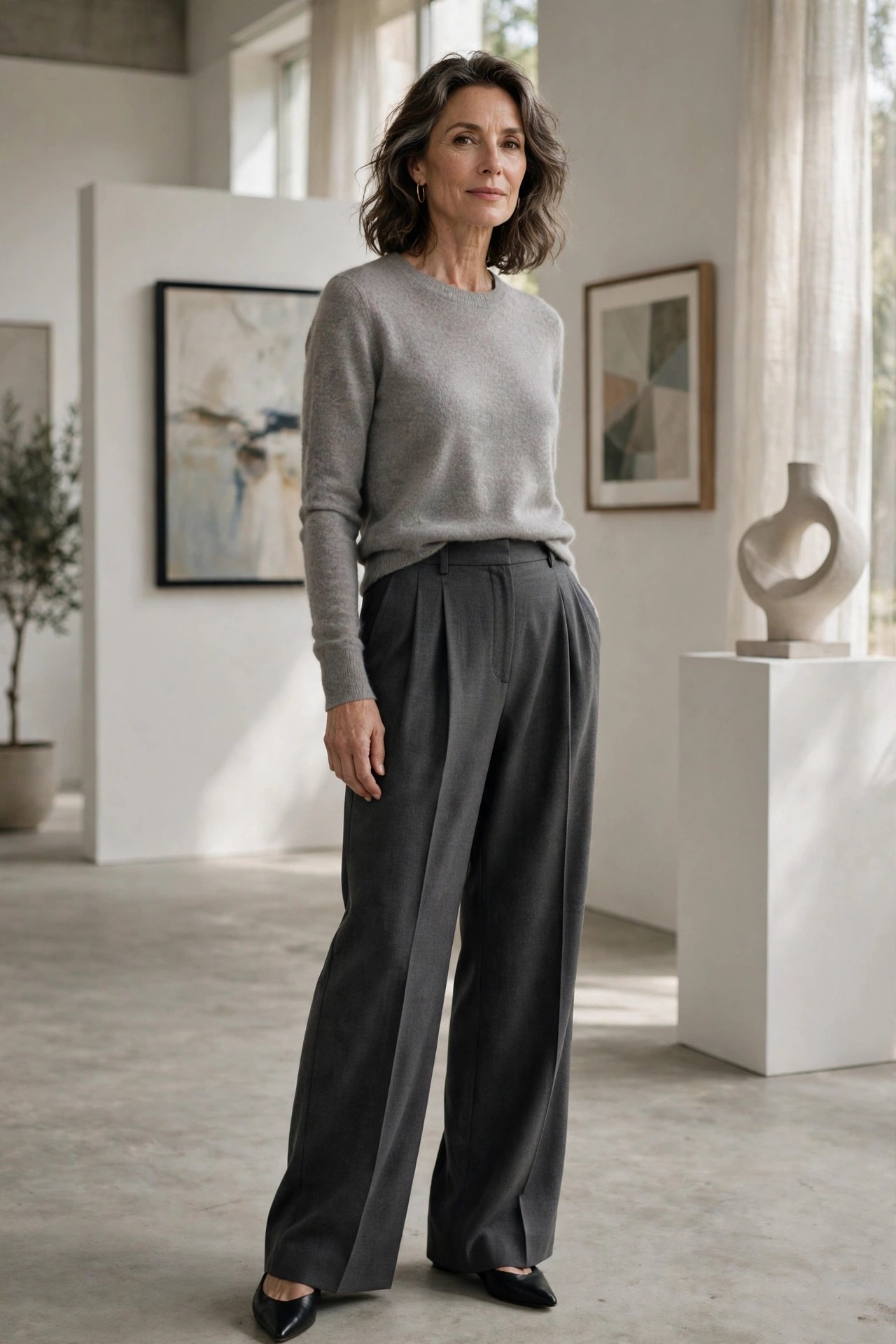 Woman over 50 in a gray cashmere sweater with charcoal pleated wide-leg trousers in a gallery