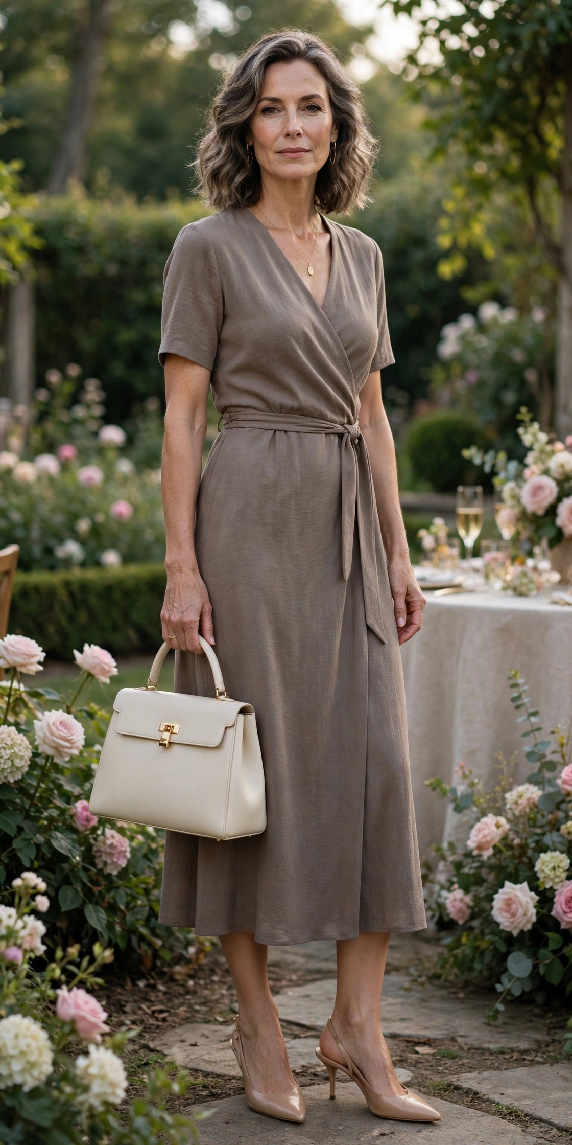 Woman over 50 in a taupe wrap midi dress with nude slingback heels holding a cream handbag