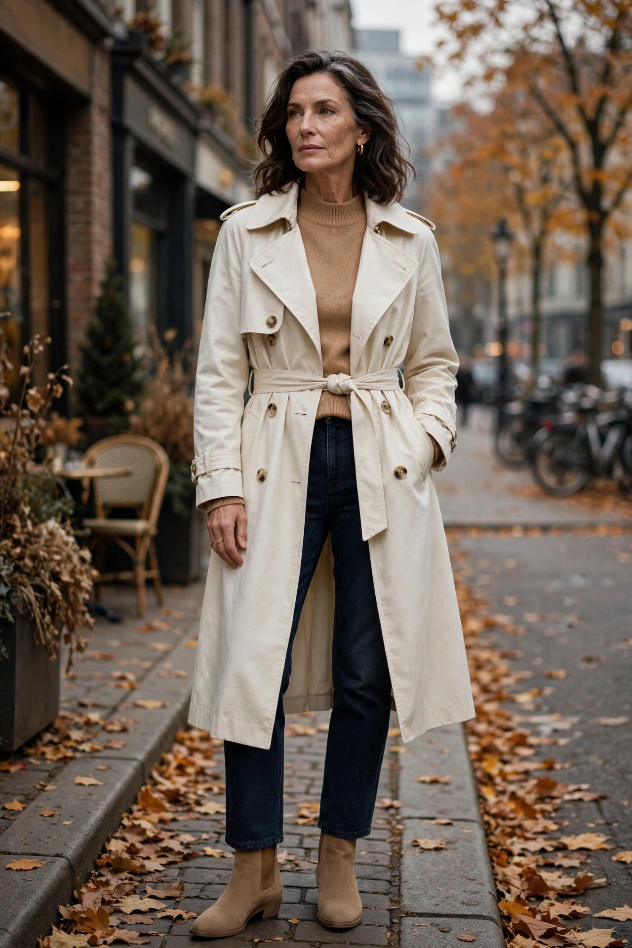 Woman over 50 in an ivory belted trench coat over a camel roll-neck sweater and dark jeans