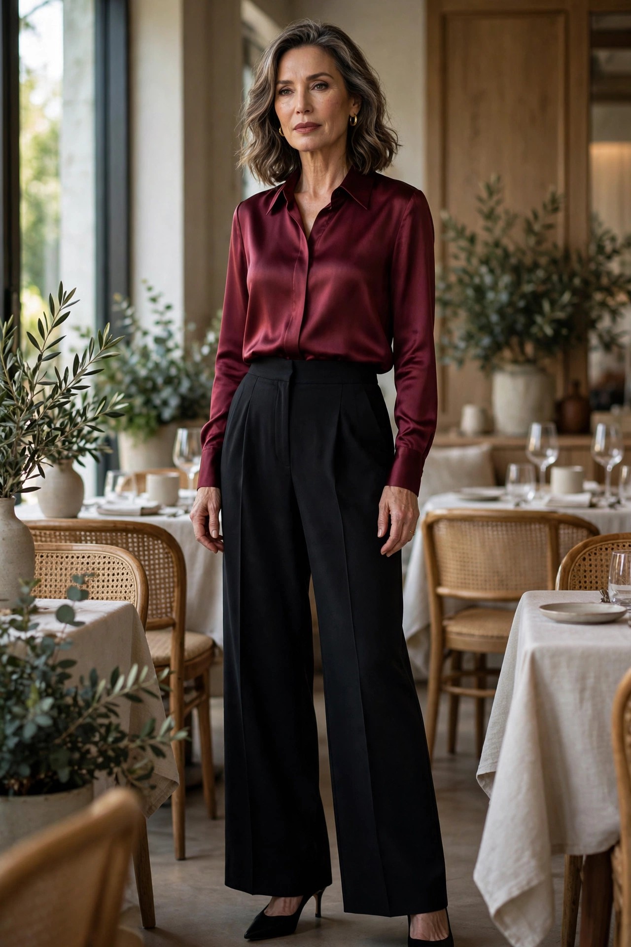 Woman over 50 in a burgundy satin blouse with black wide-leg trousers in a restaurant