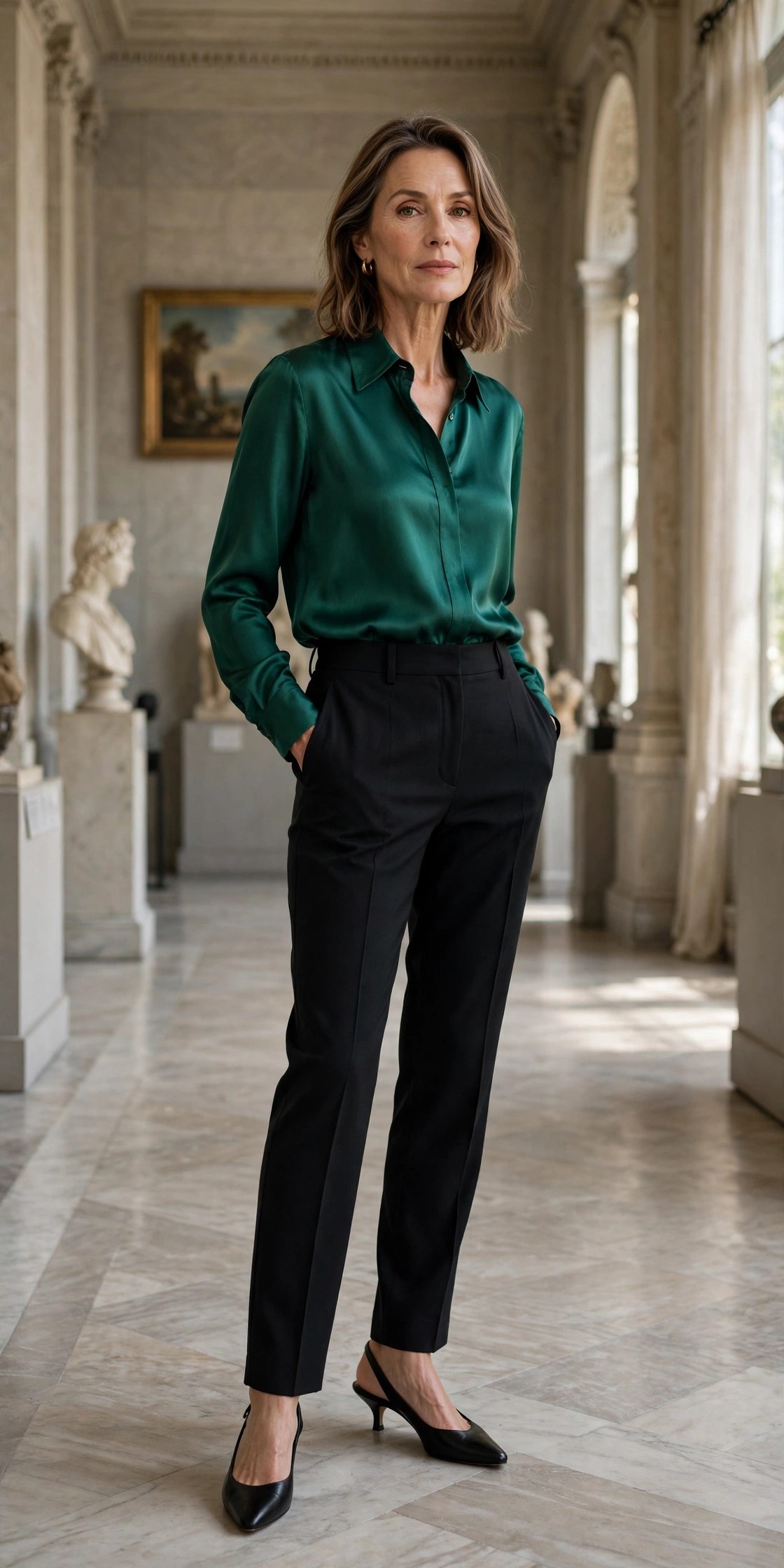 Woman over 50 in an emerald green silk shirt with black tailored trousers in a museum