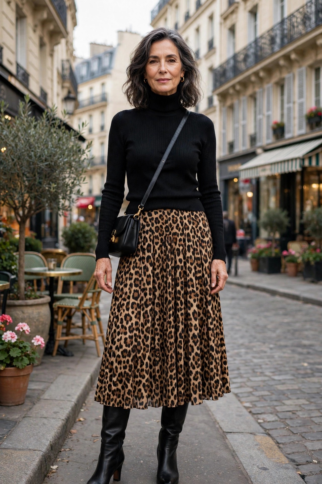 Woman over 50 in a leopard print midi skirt with a black turtleneck and knee-high boots