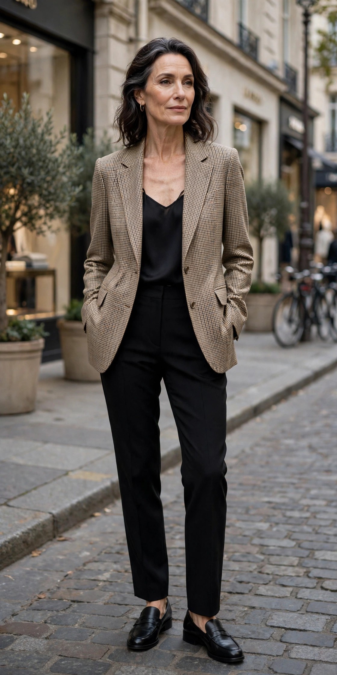 Woman over 50 in a beige houndstooth blazer with black silk camisole and black trousers