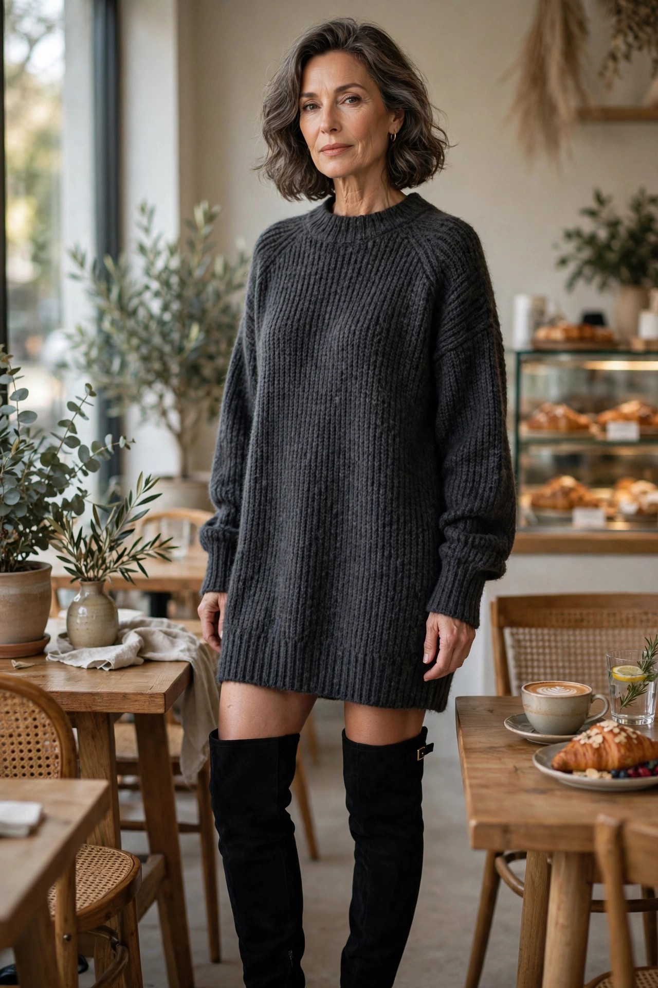 Woman in her 50s wearing black over-the-knee boots with an oversized charcoal sweater dress at a cafe