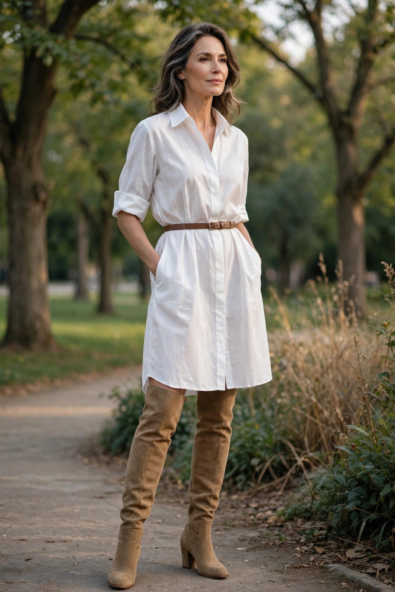 Woman in her 50s wearing tan over-the-knee boots with a white shirt dress in a park