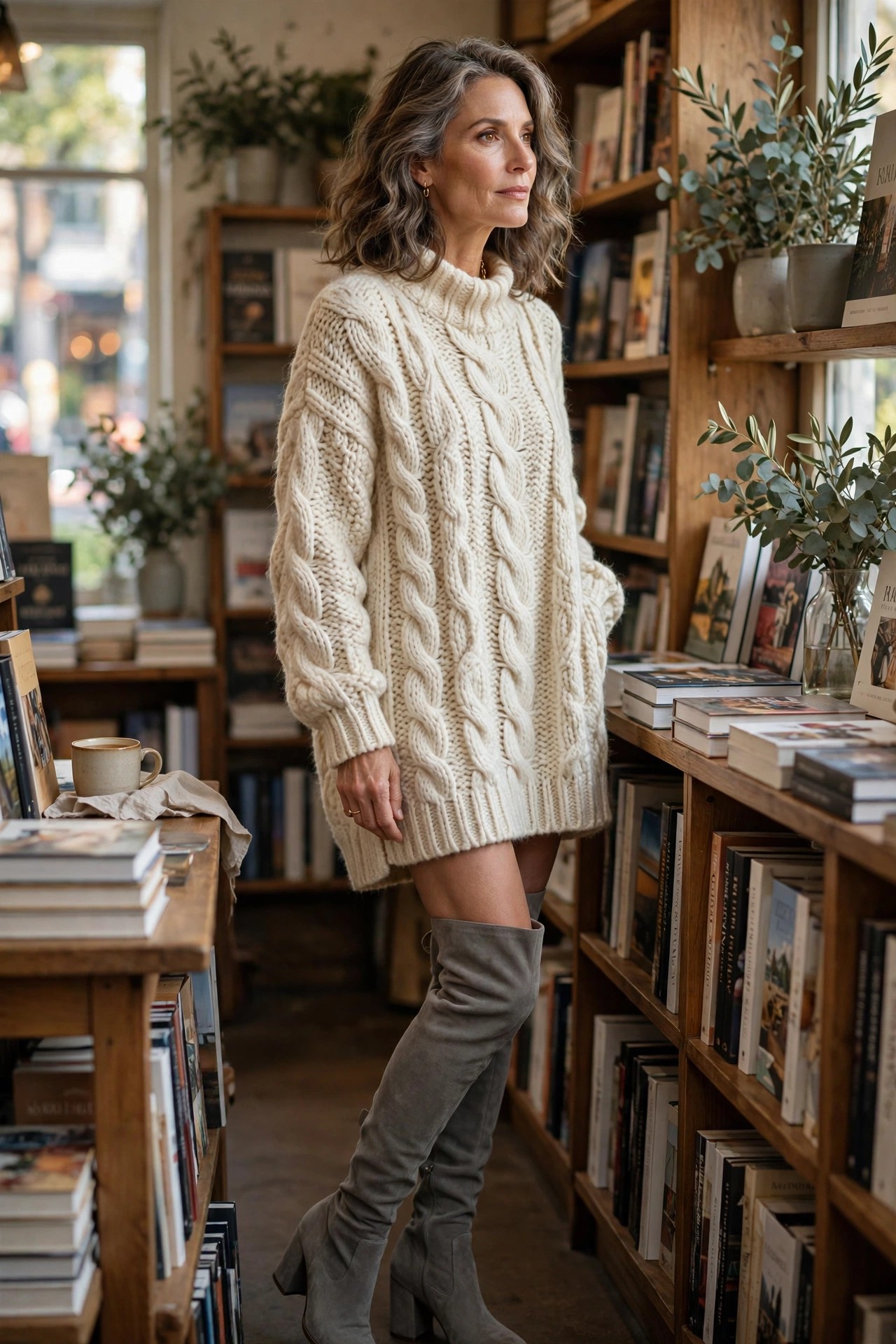 Woman in her 50s wearing grey over-the-knee boots with a chunky cream knit tunic dress in a bookstore