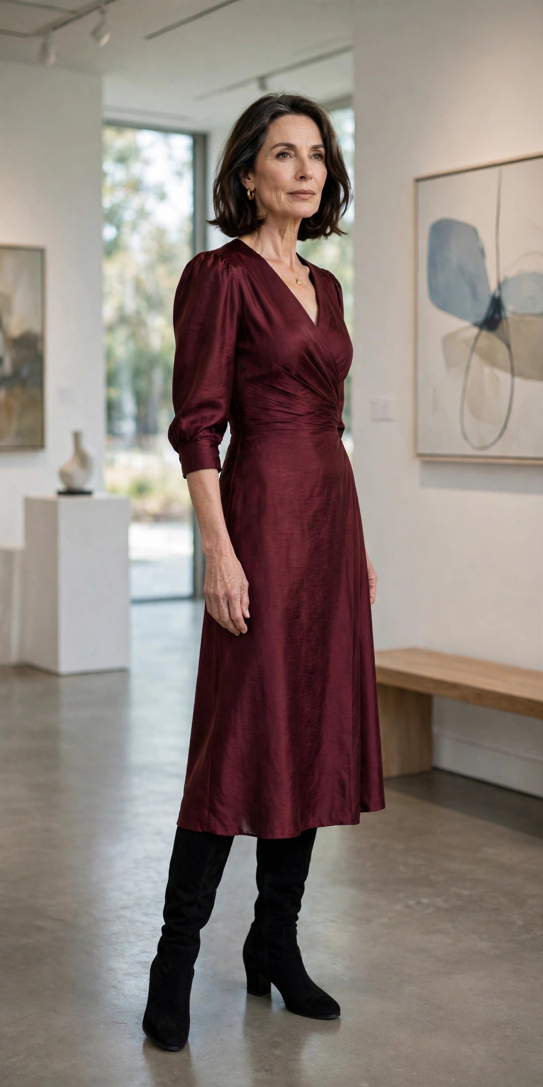 Woman in her 50s wearing black over-the-knee boots with a burgundy midi dress at an art gallery