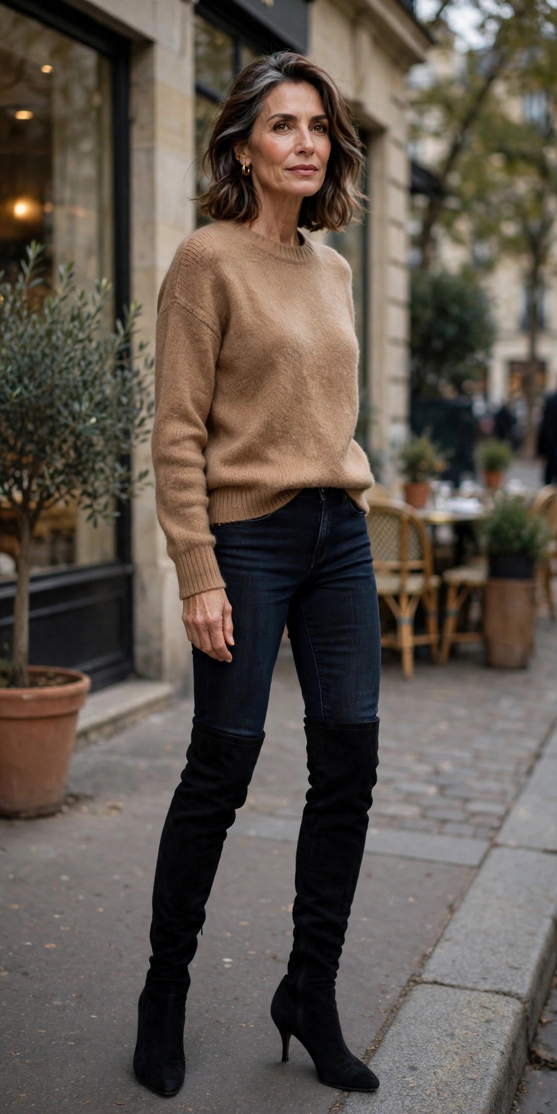 Woman in her 50s wearing dark skinny jeans tucked into black over-the-knee boots with a camel sweater