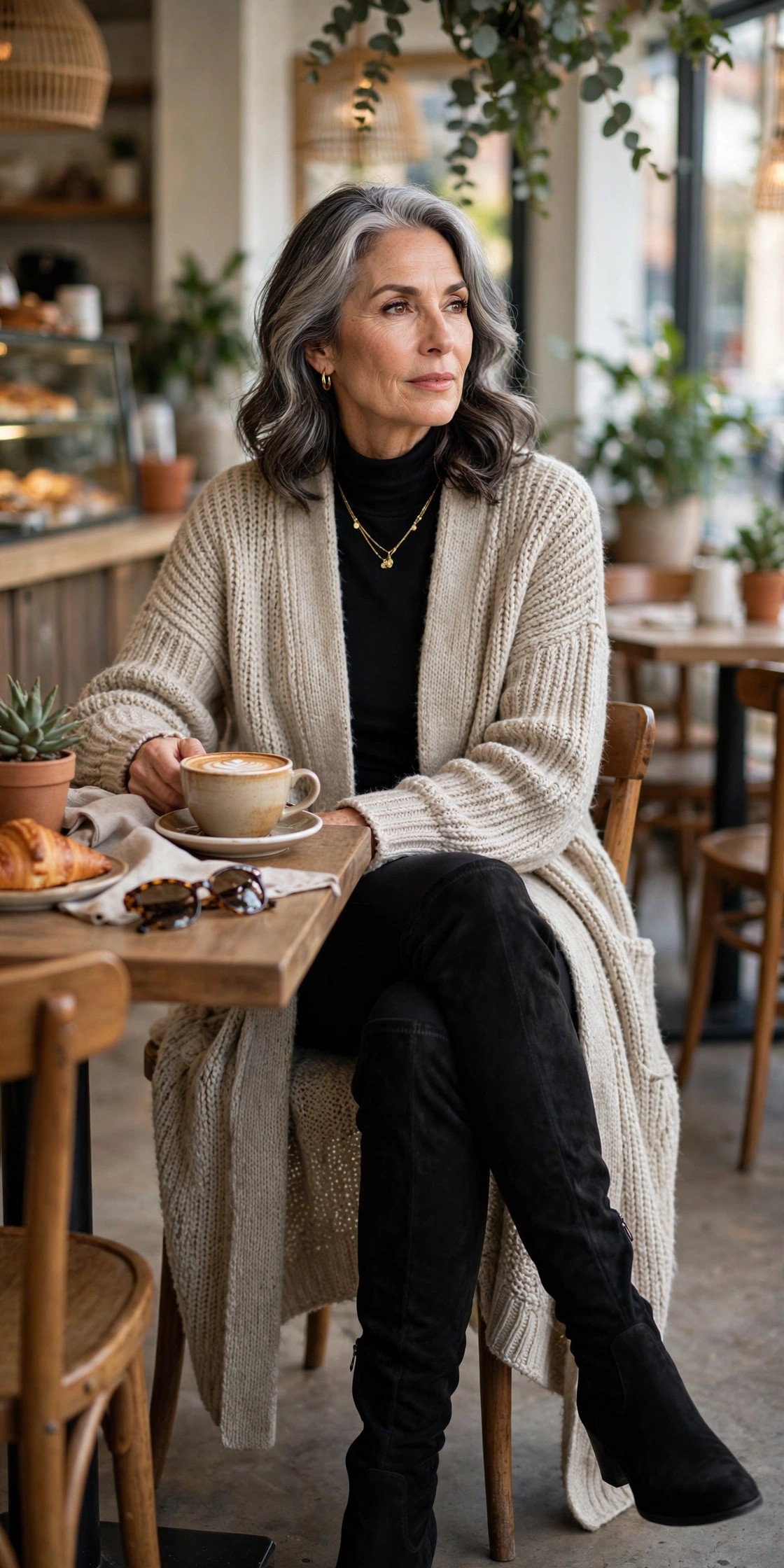 Woman in her 50s wearing black over-the-knee boots with black leggings and a long oatmeal cardigan
