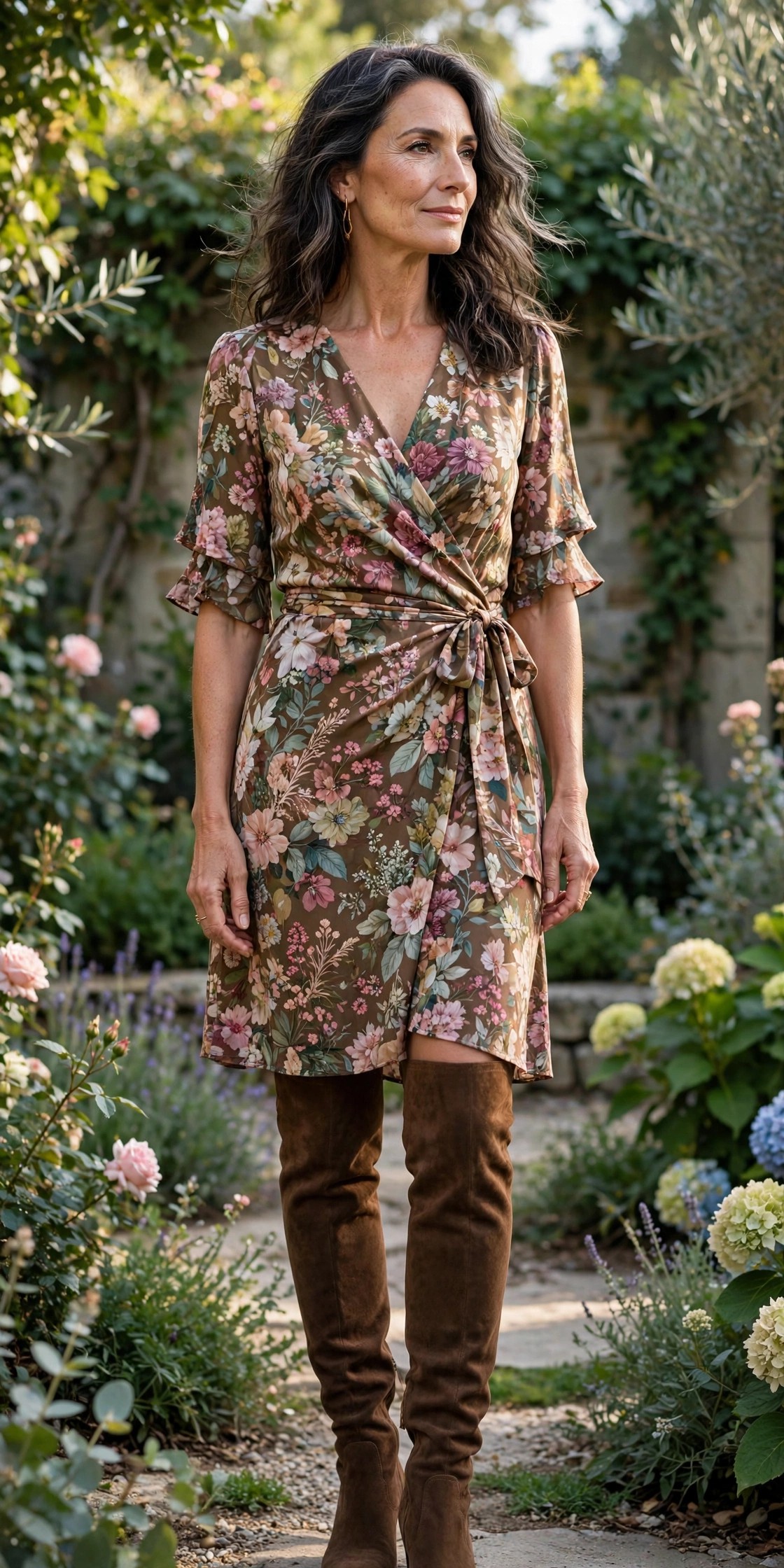 Woman in her 50s wearing brown over-the-knee boots with a floral wrap dress in a garden