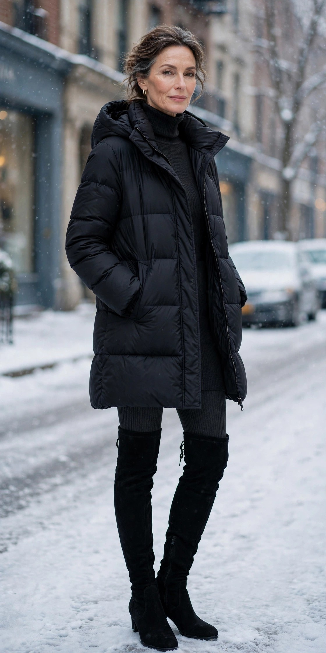 Woman in her 50s wearing black over-the-knee boots with thermal tights and a black puffer coat in snow