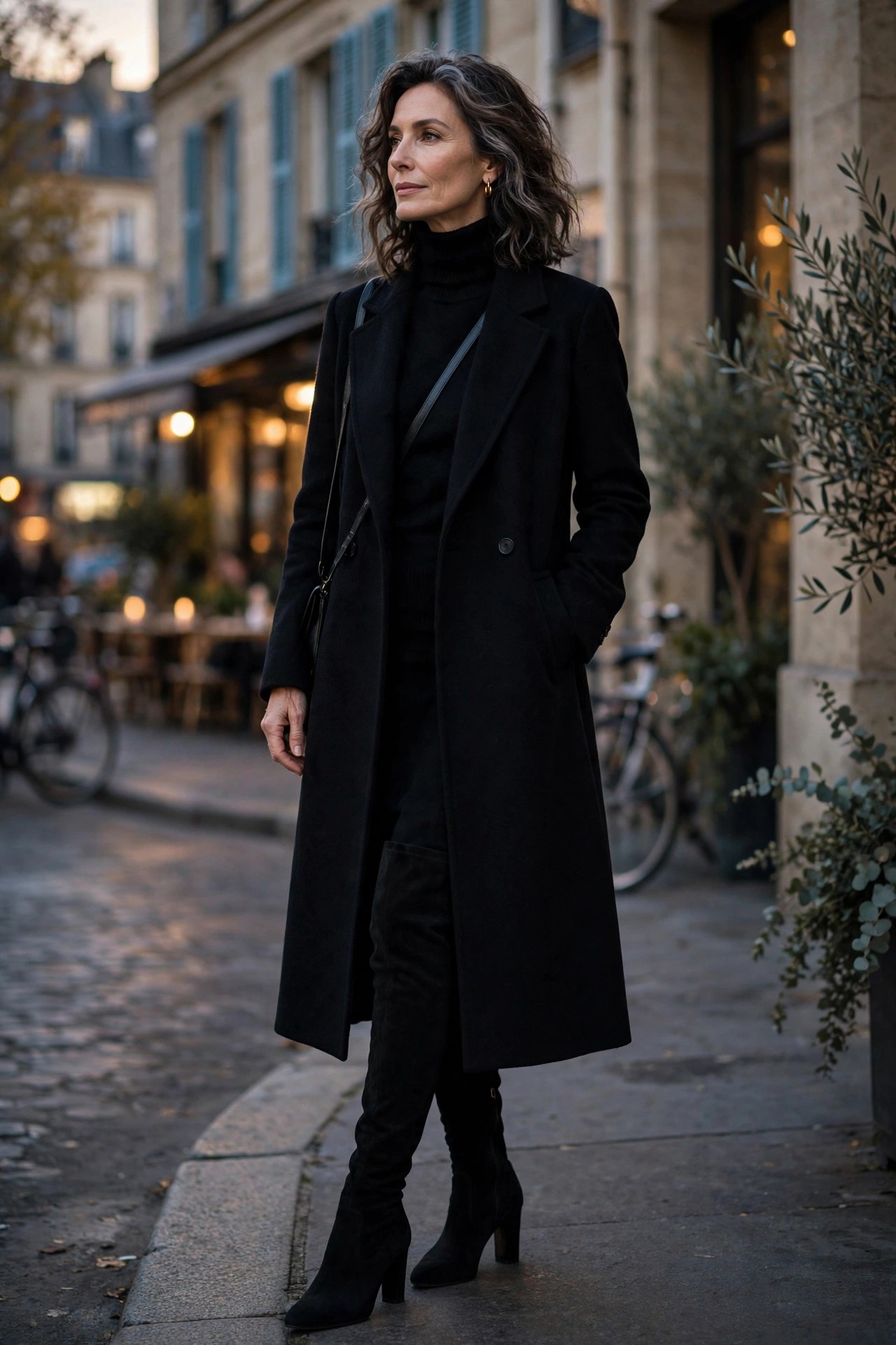 Woman in her 50s wearing black over-the-knee boots with a black turtleneck and long black wool coat