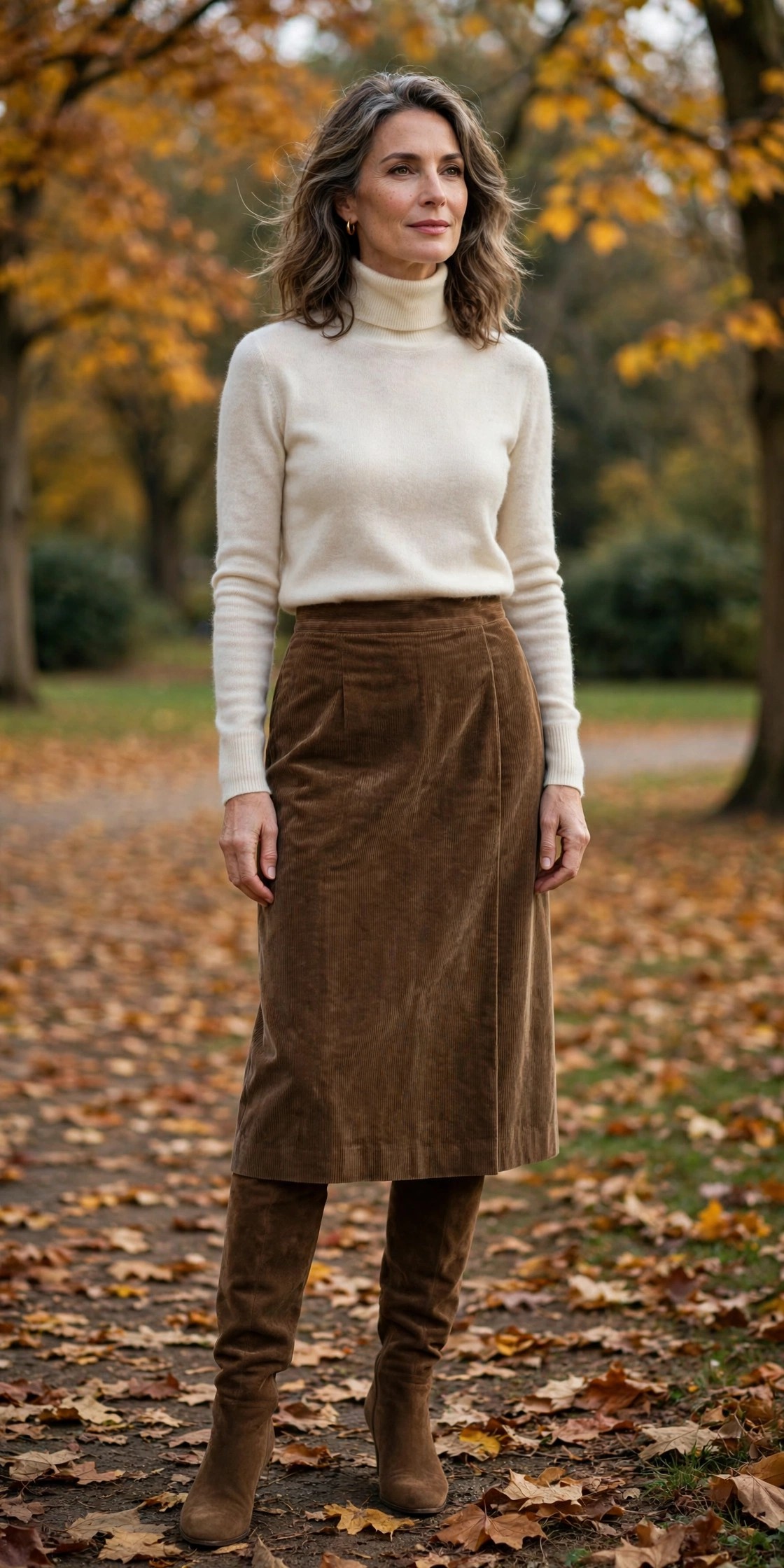 Woman in her 50s wearing brown suede over-the-knee boots with a corduroy skirt and cream turtleneck