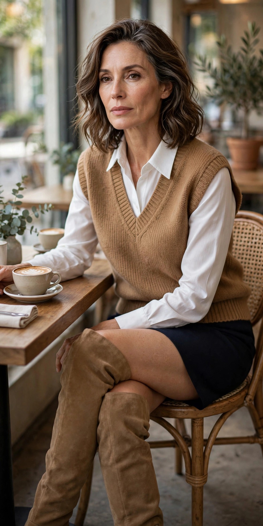 Woman in her 50s wearing tan over-the-knee boots with a dark mini skirt, white shirt and camel sweater vest