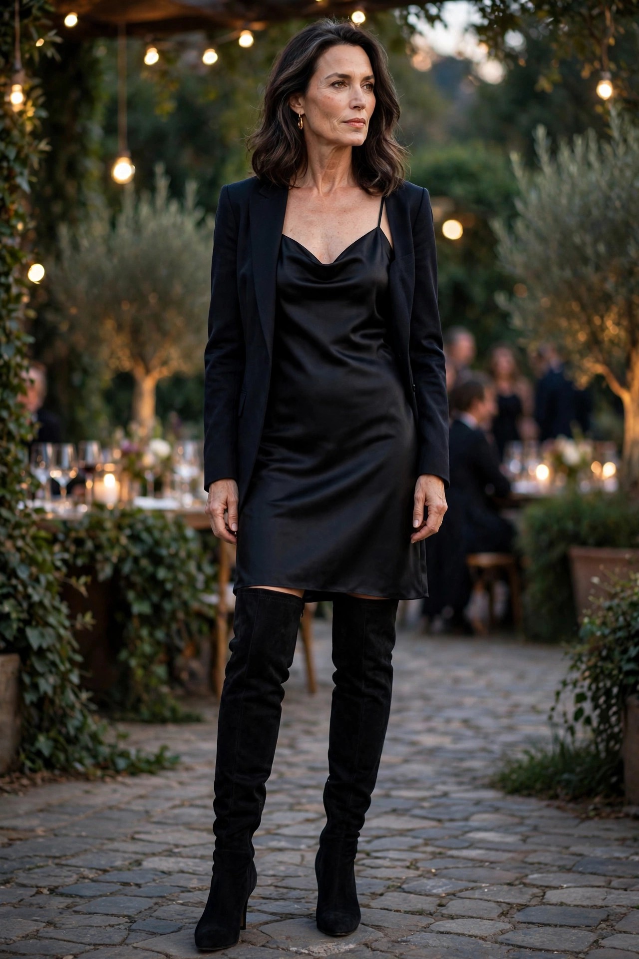 Woman in her 50s wearing black over-the-knee boots with a black satin slip dress and dark blazer at night