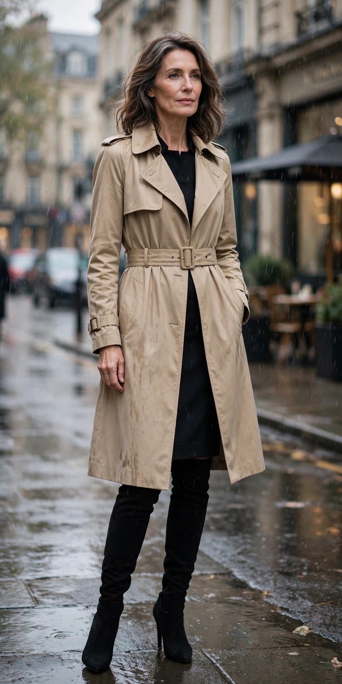 Woman in her 50s wearing black over-the-knee boots with a black dress and beige trench coat on a rainy street