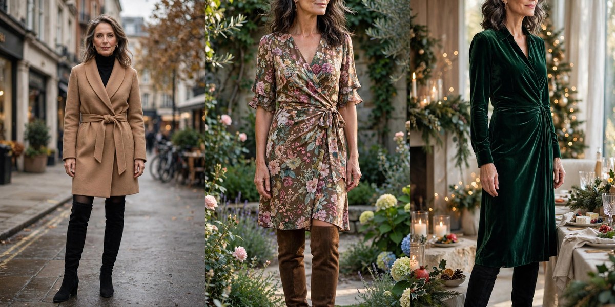 Collage of three over-the-knee boot outfits for women over 50