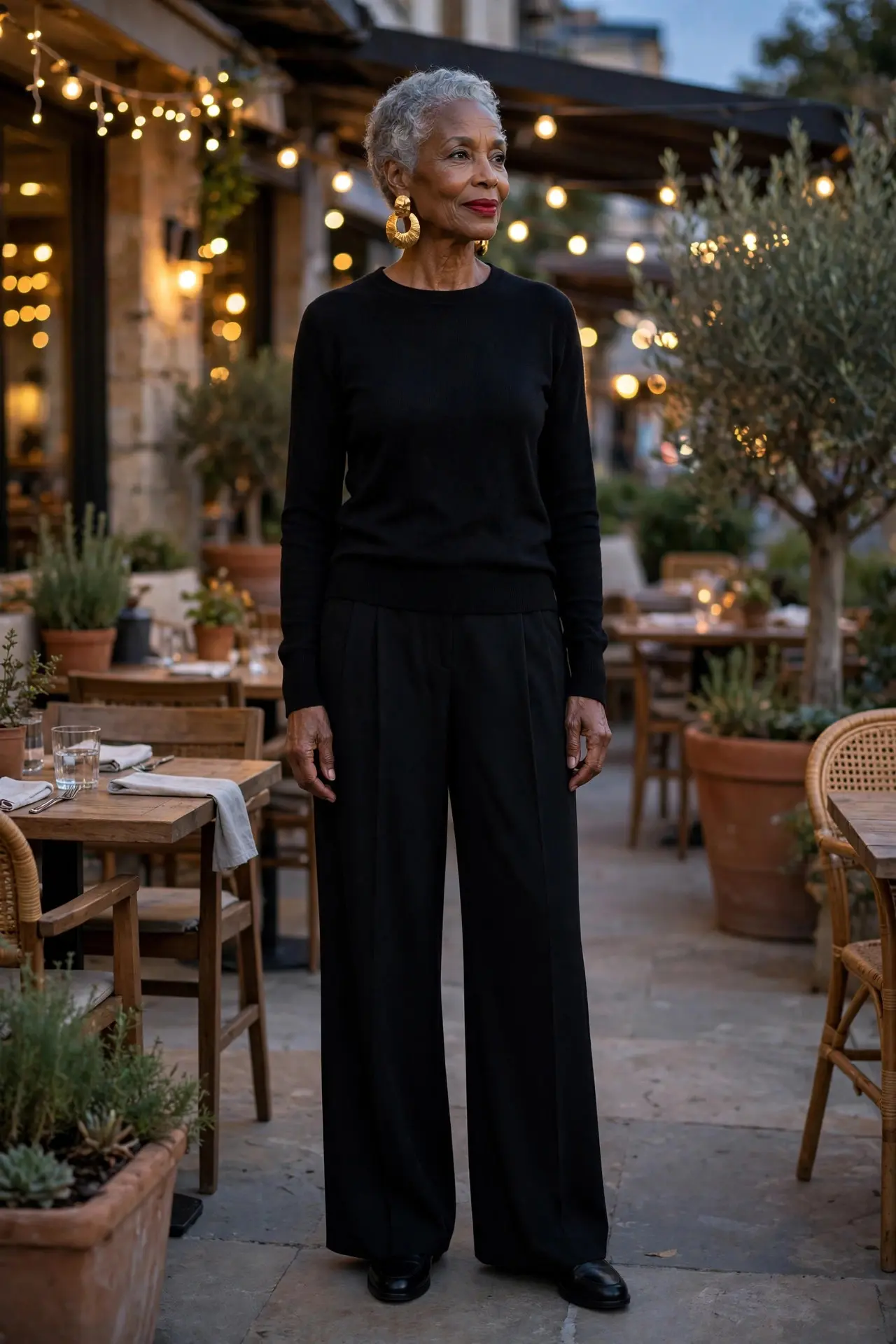 Woman over 60 in a black knit top and wide black trousers with bold gold statement earrings at an evening terrace