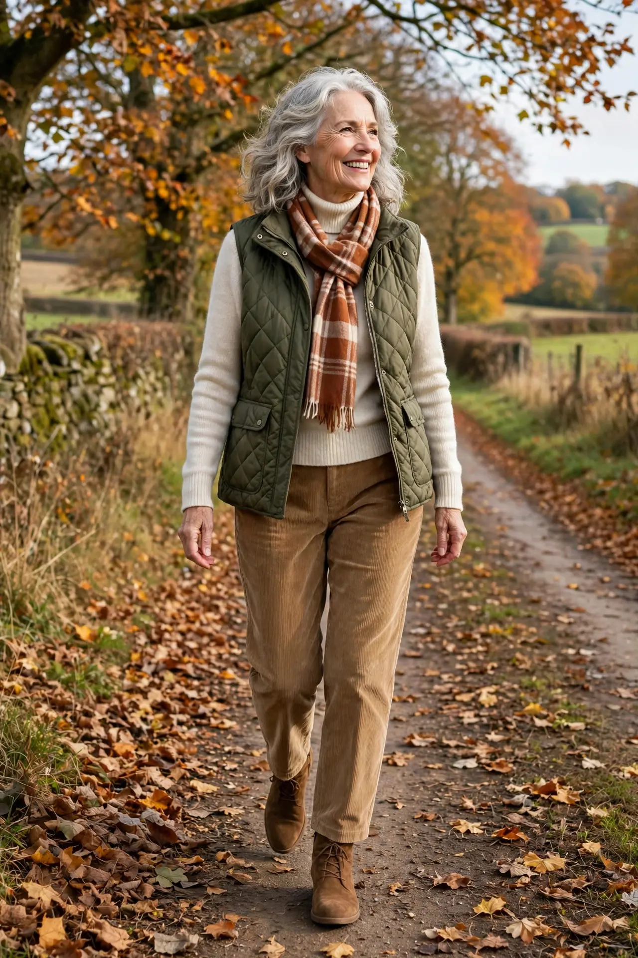 Woman over 60 wearing an olive quilted vest over a cream turtleneck with camel corduroys and suede ankle boots