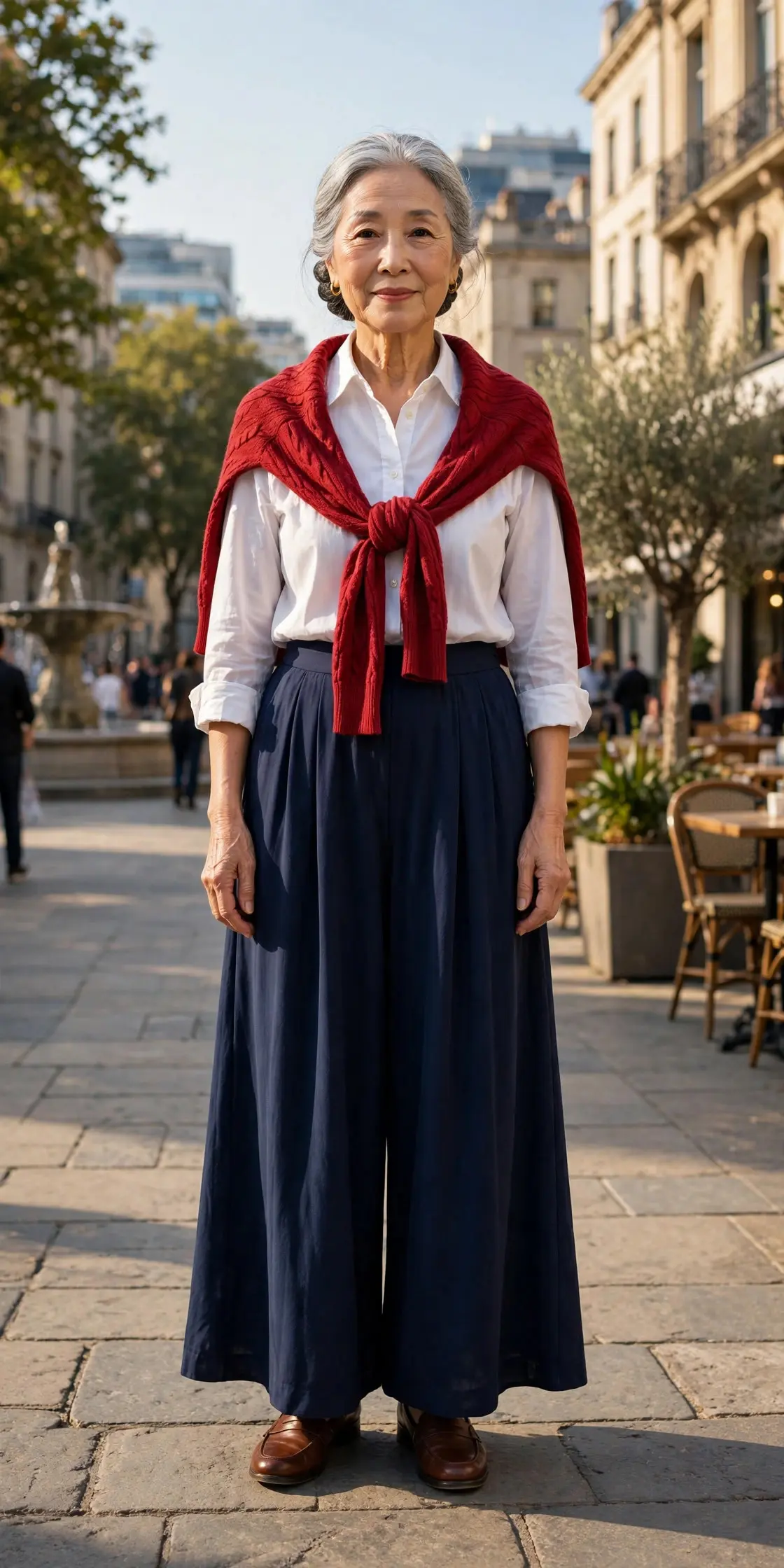 Woman over 60 in a white shirt and navy wide-leg trousers with a red sweater draped over her shoulders