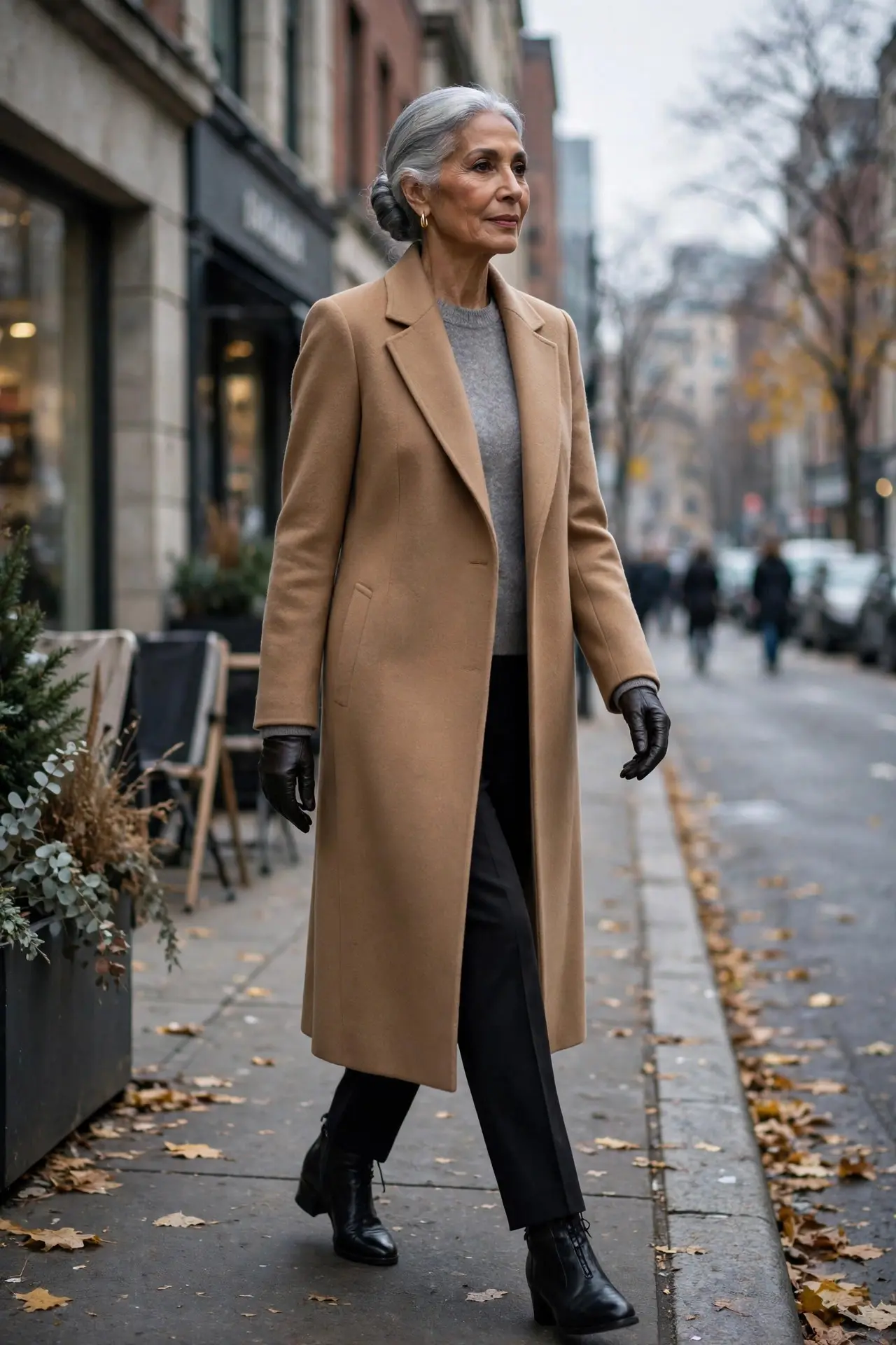 Woman over 60 wearing a long camel coat over a grey knit with black trousers, boots and leather gloves