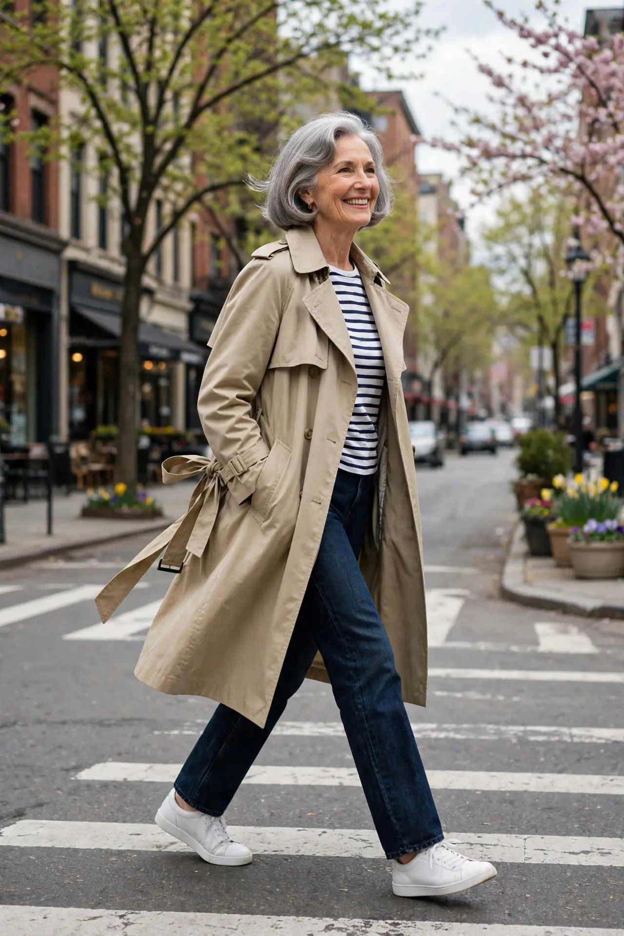 Woman over 60 in a beige trench coat with a striped tee, dark jeans and white sneakers crossing a street
