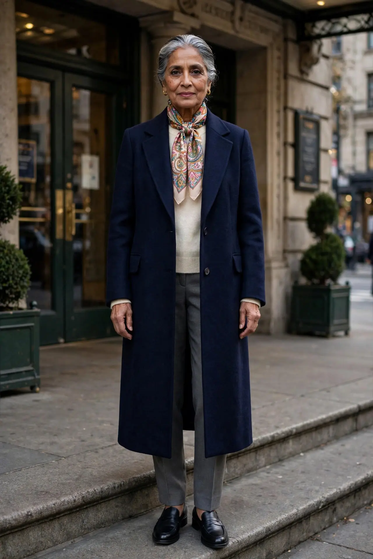 Woman over 60 wearing a navy coat and grey trousers with a printed silk scarf knotted at her neck