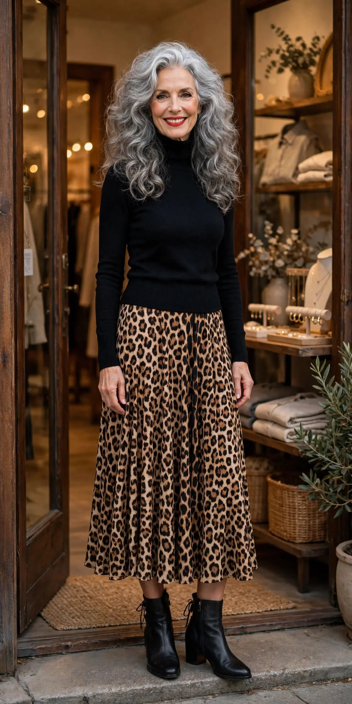 Woman over 60 with red lipstick wearing a black turtleneck and leopard midi skirt with black ankle boots